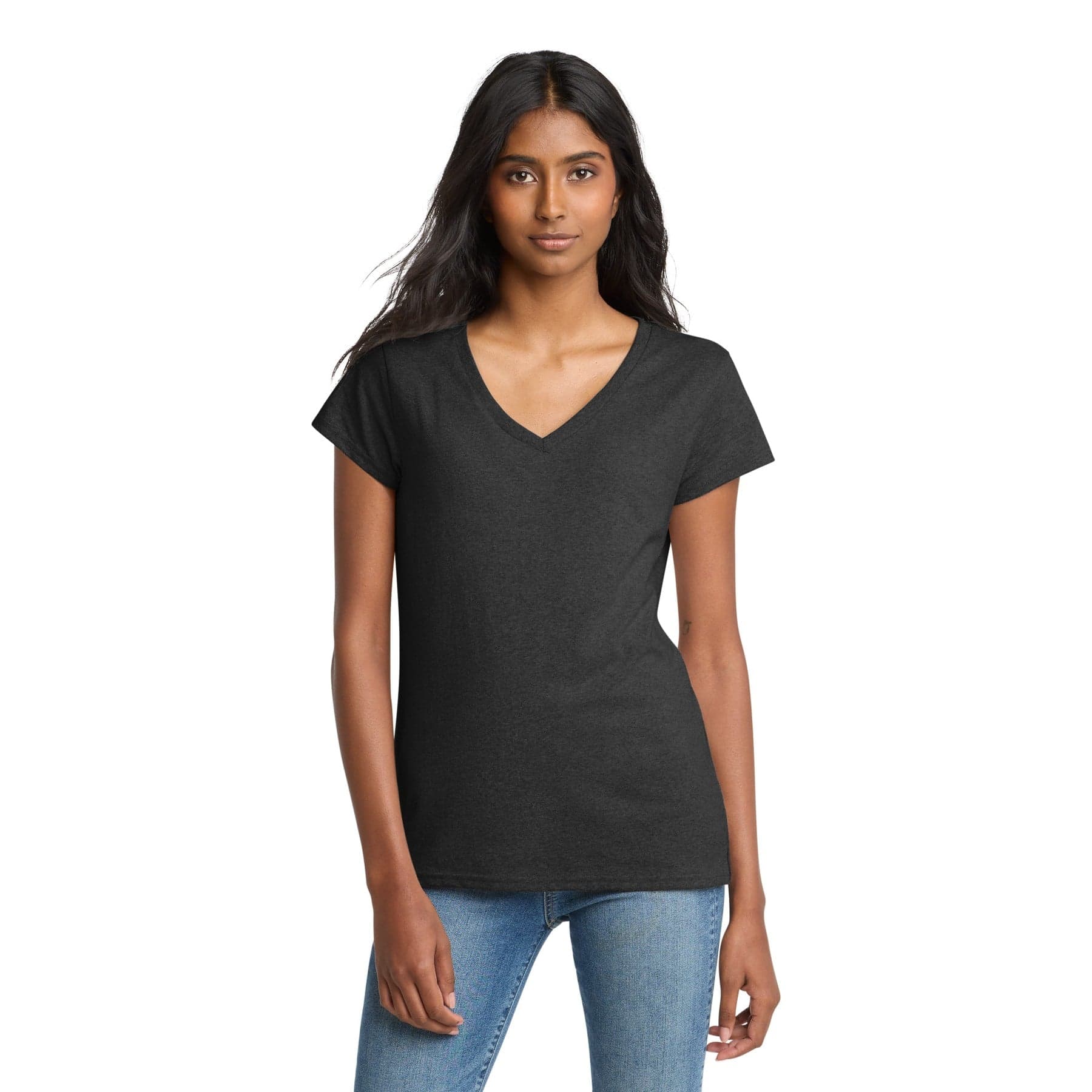 Plain deep brown heather women's re-tee v-neck, front view