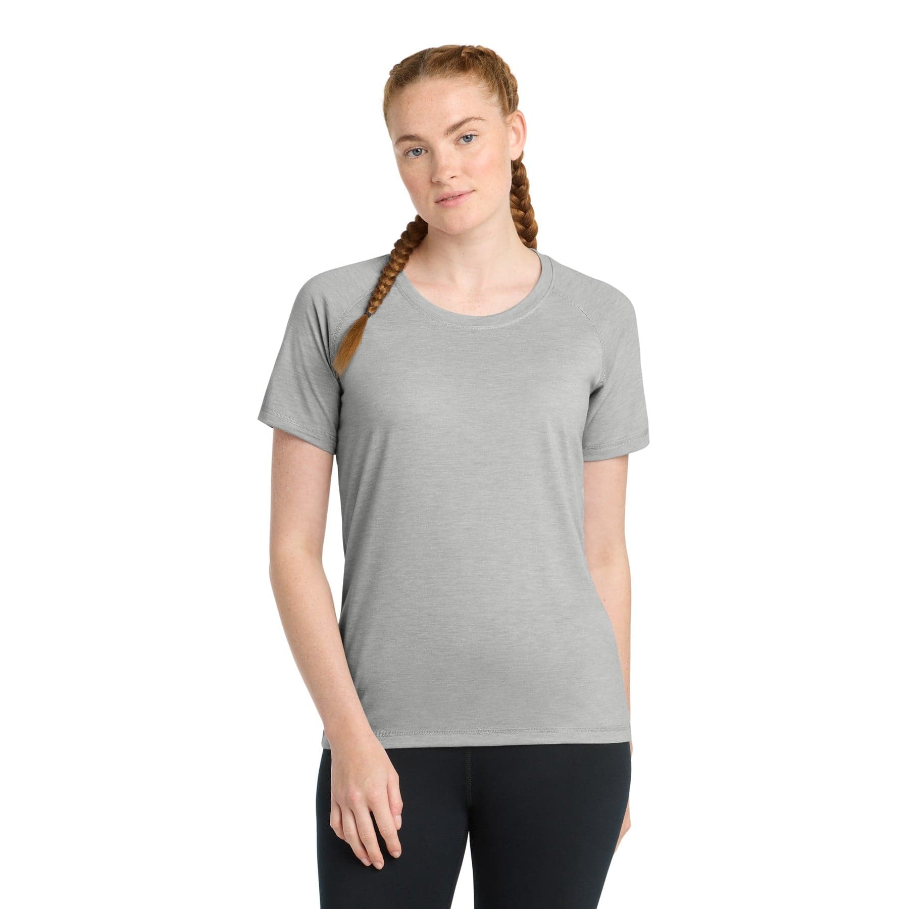 Plain light grey heather women's posicharge tri-blend wicking scoop neck raglan tee, front view