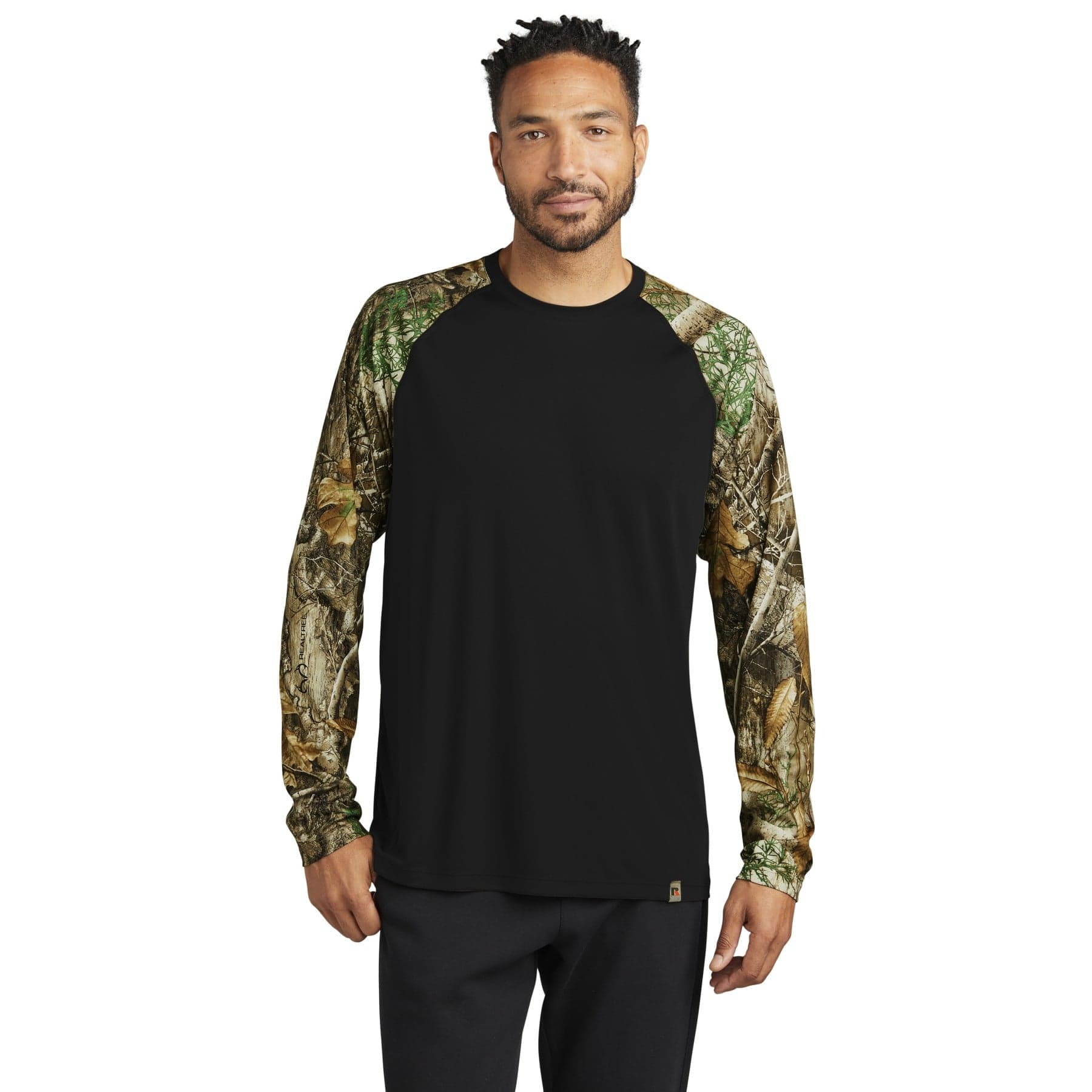 Plain black/ realtree edge colorblock performance long sleeve tee, front view