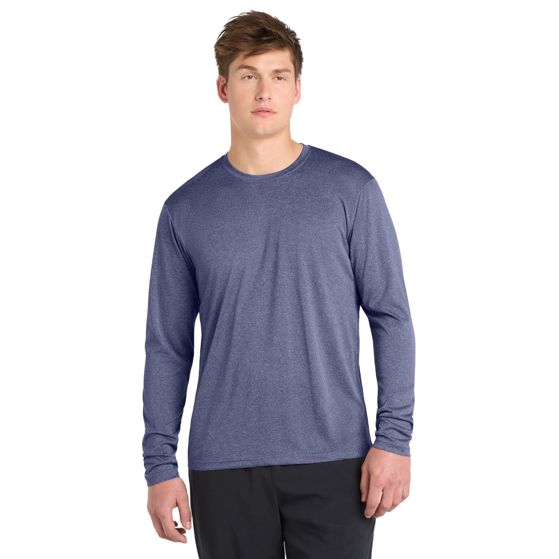 Plain true navy heather long sleeve heather contender tee, front view
