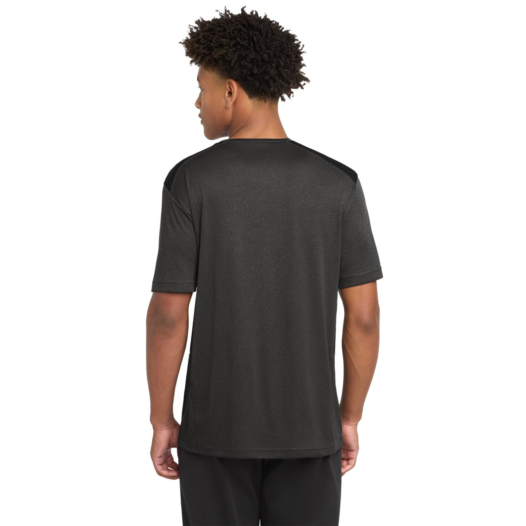Plain black heather/ black endeavor tee, front view