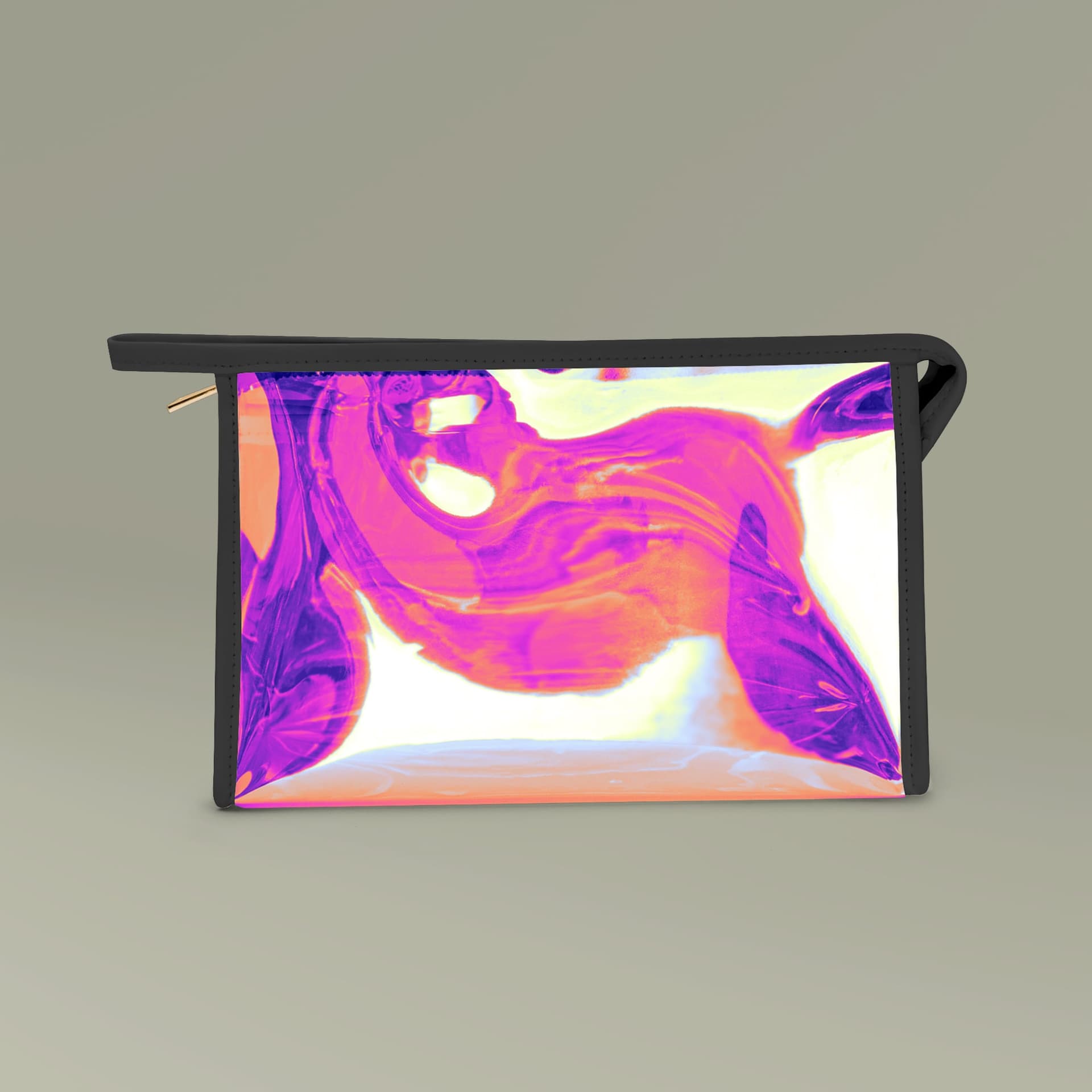 Plain black holographic makeup bag, front view