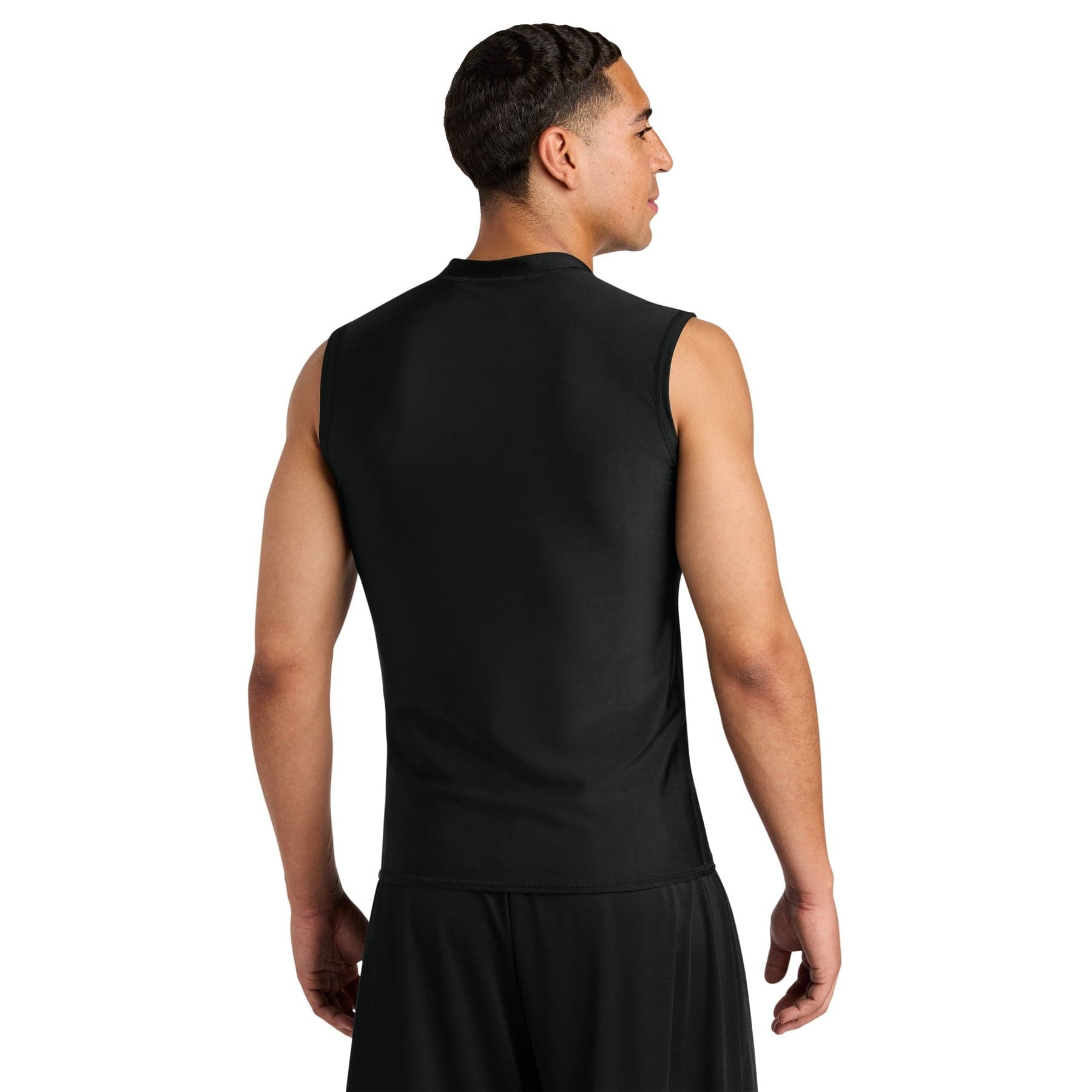 Plain black compression muscle tee, front view