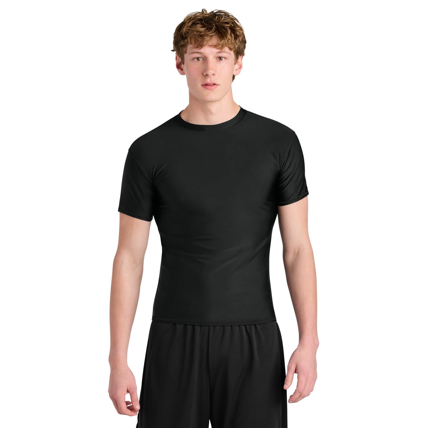 Plain black compression short sleeve tee, front view