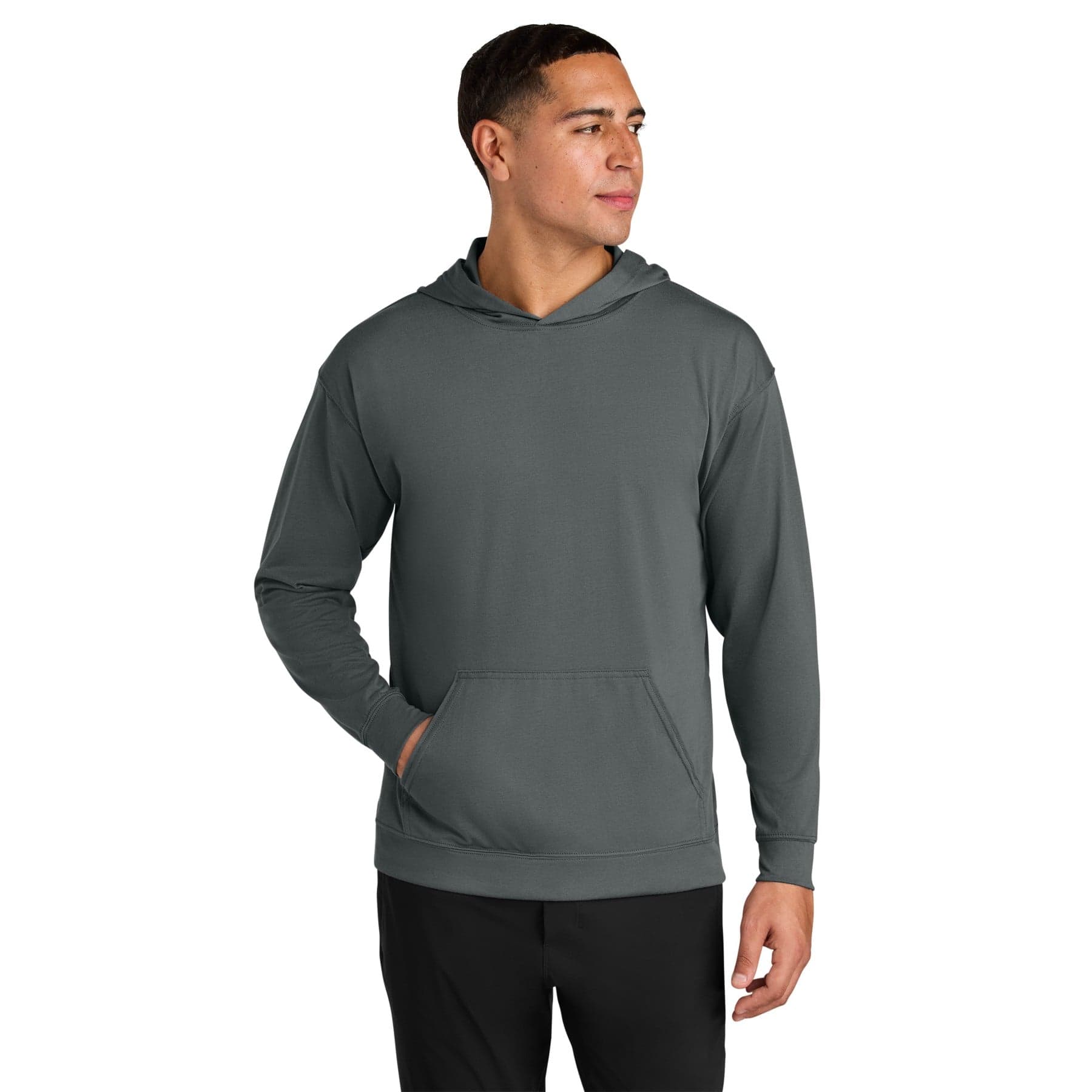 Plain graphite softek long sleeve hooded tee, front view