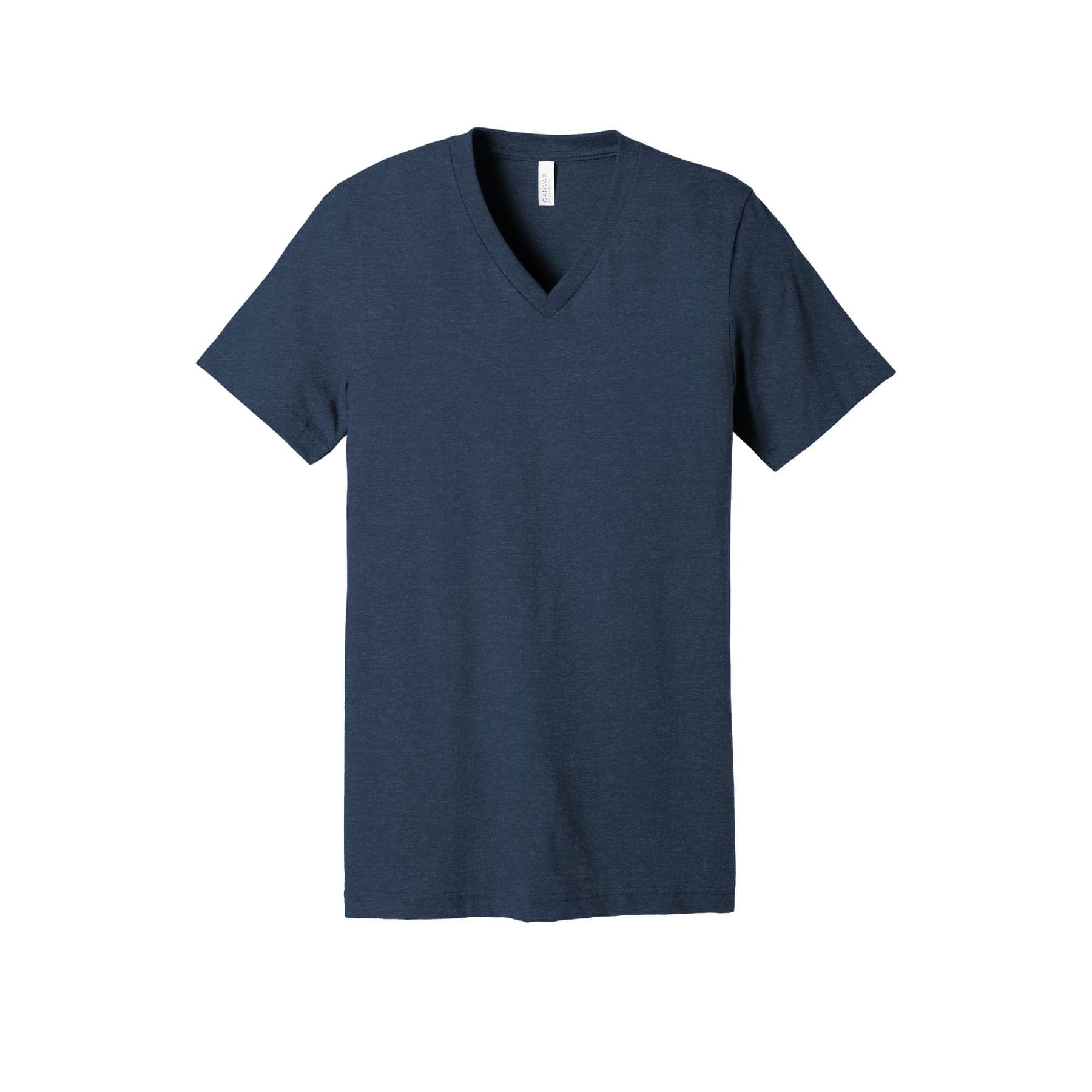 Plain heather navy unisex heather cvc v-neck tee, front view