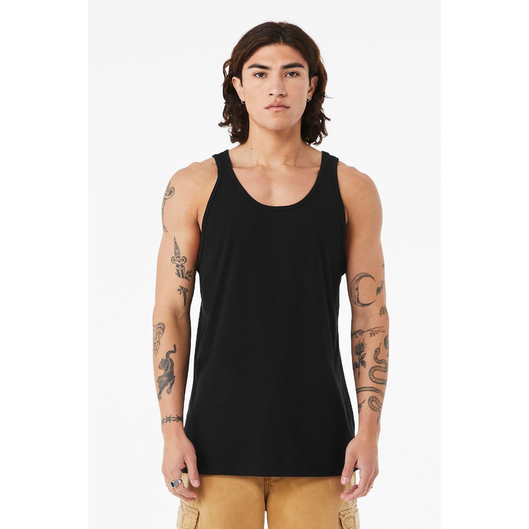 Plain solid black blend unisex heather cvc tank, front view