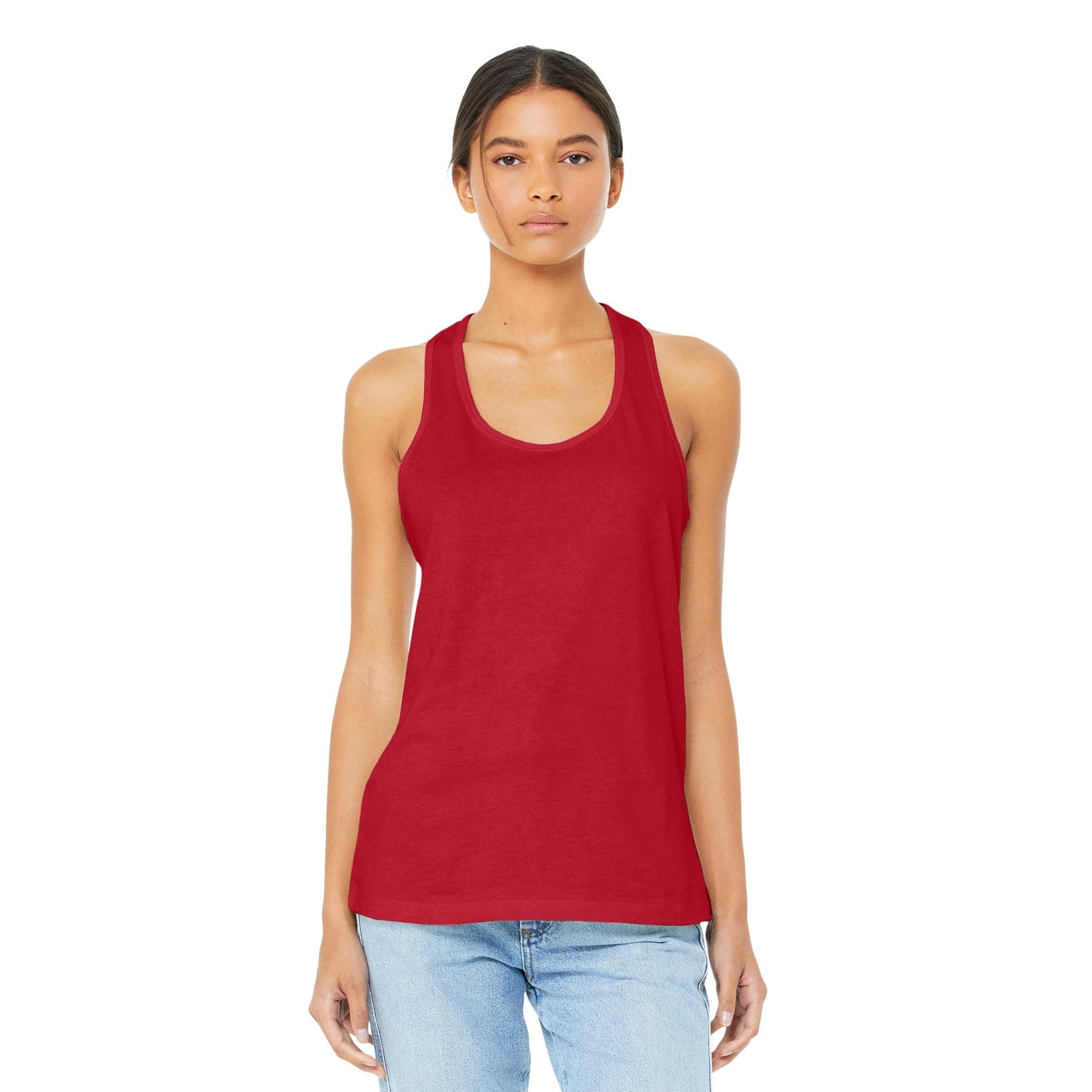 Plain red women's jersey racerback tank, front view