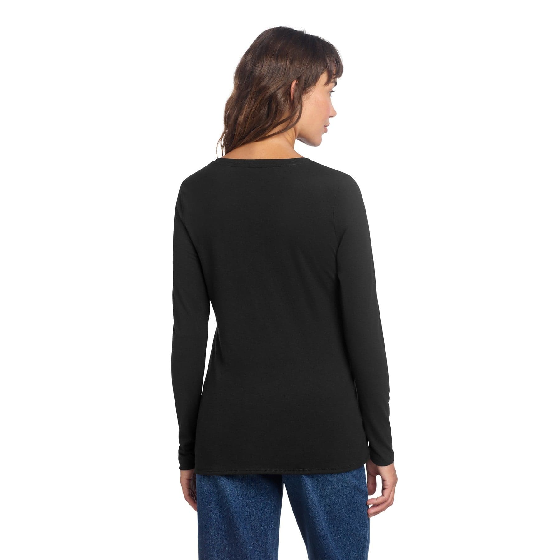 Plain black women's perfect tri long sleeve v-neck tee, front view