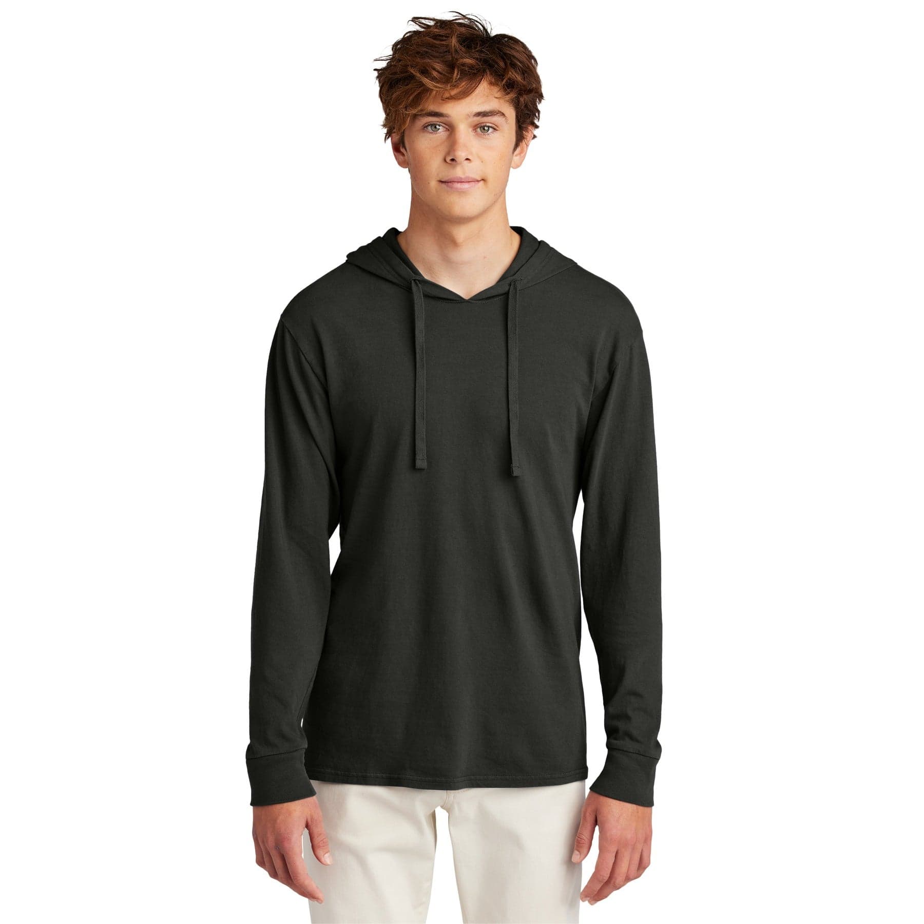 Plain coal garment-dyed pullover hooded tee, front view