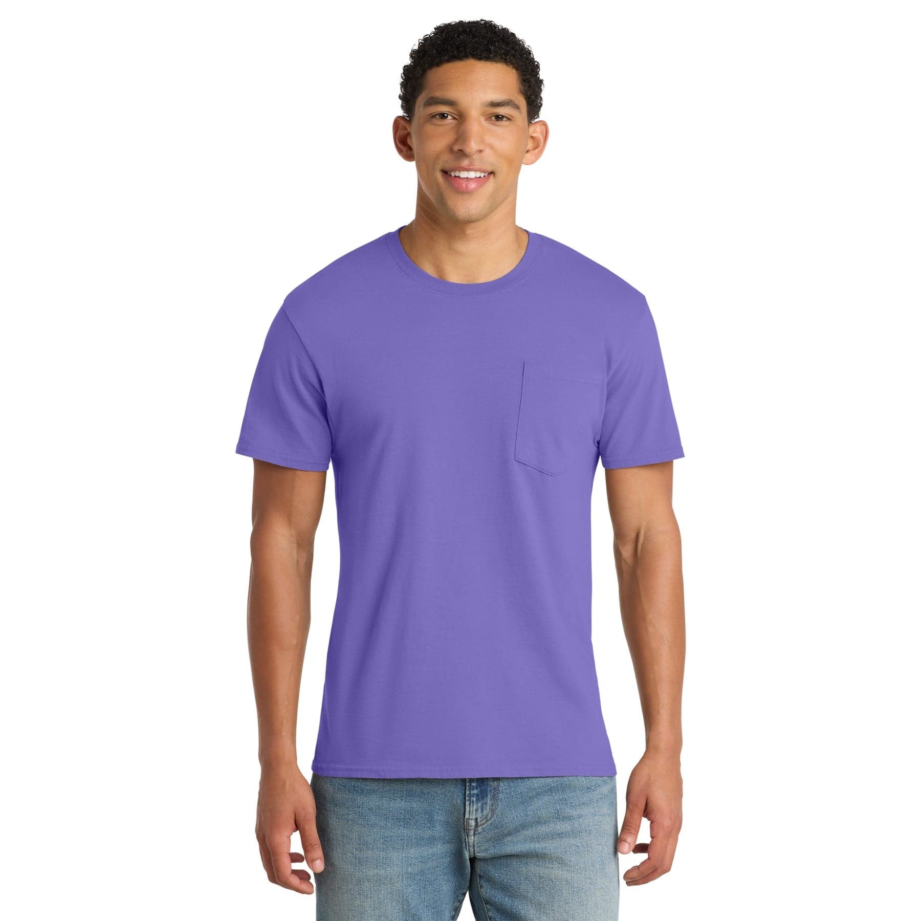 Plain denim blue garment-dyed pocket tee, front view