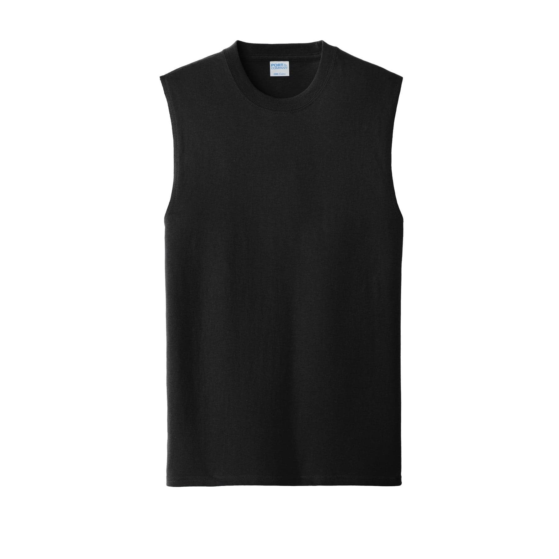 Plain jet black core cotton sleeveless tee, front view