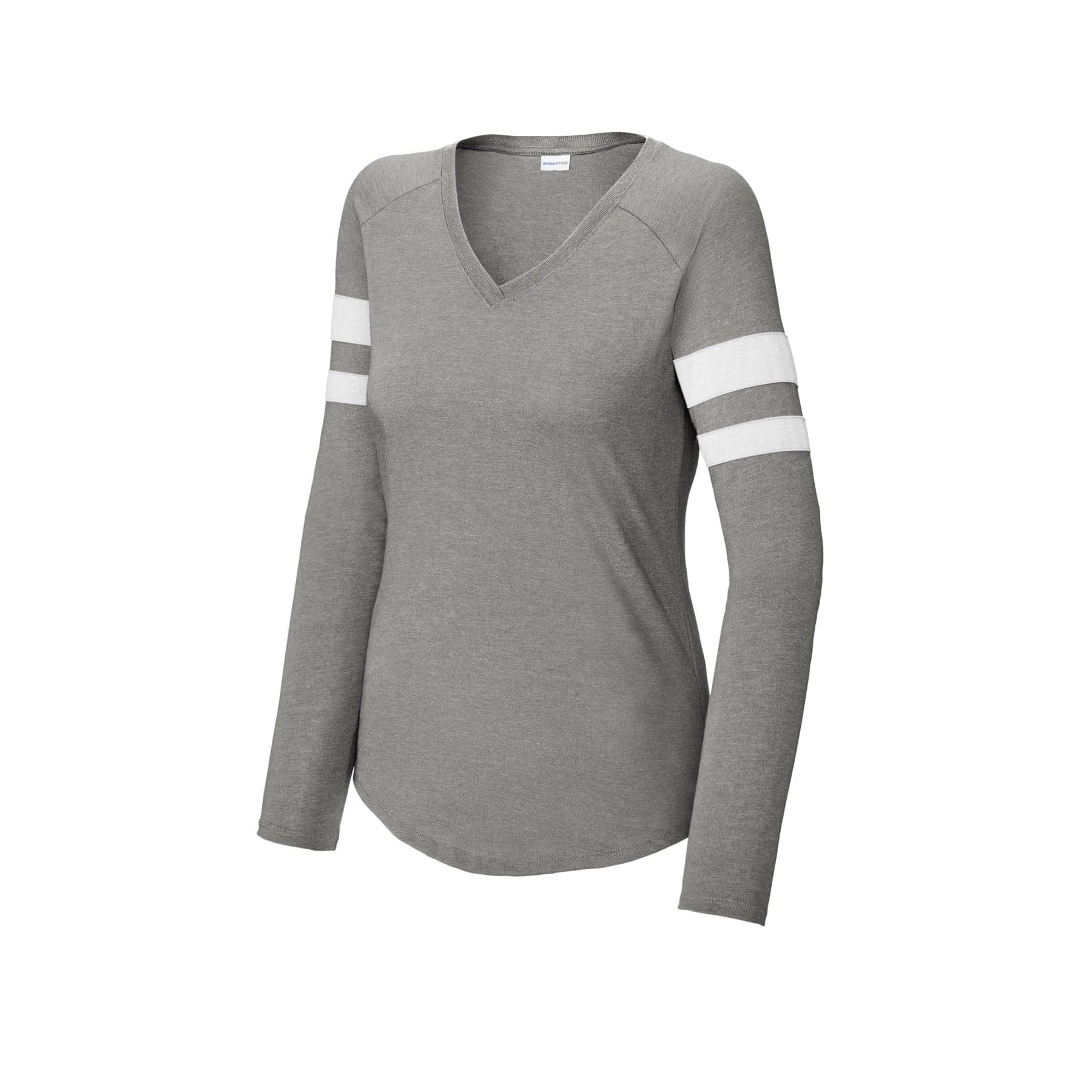 Plain vintage heather/ ecru women's halftime stripe long sleeve v-neck tee, front view