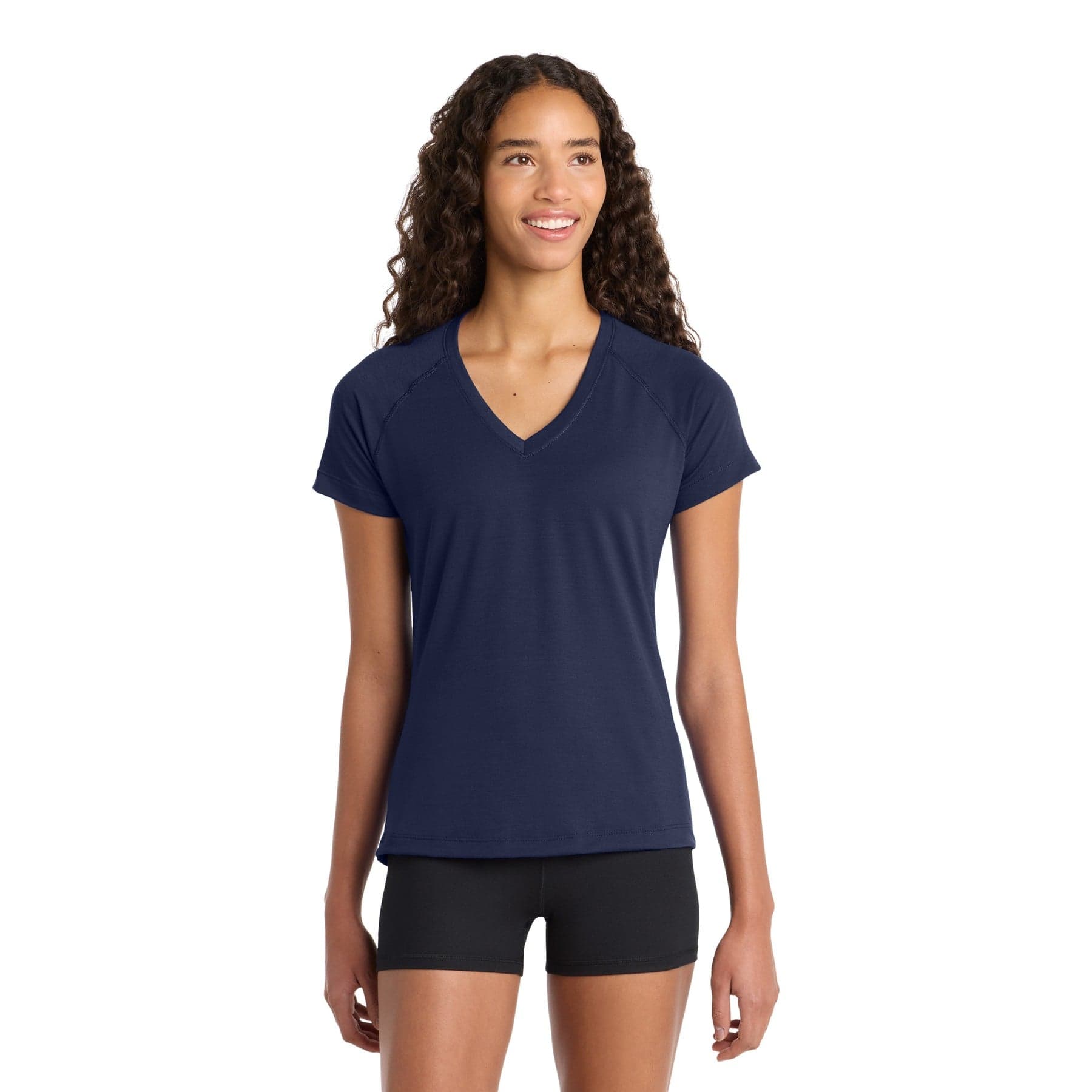 Plain true navy women's ultimate performance v-neck, front view