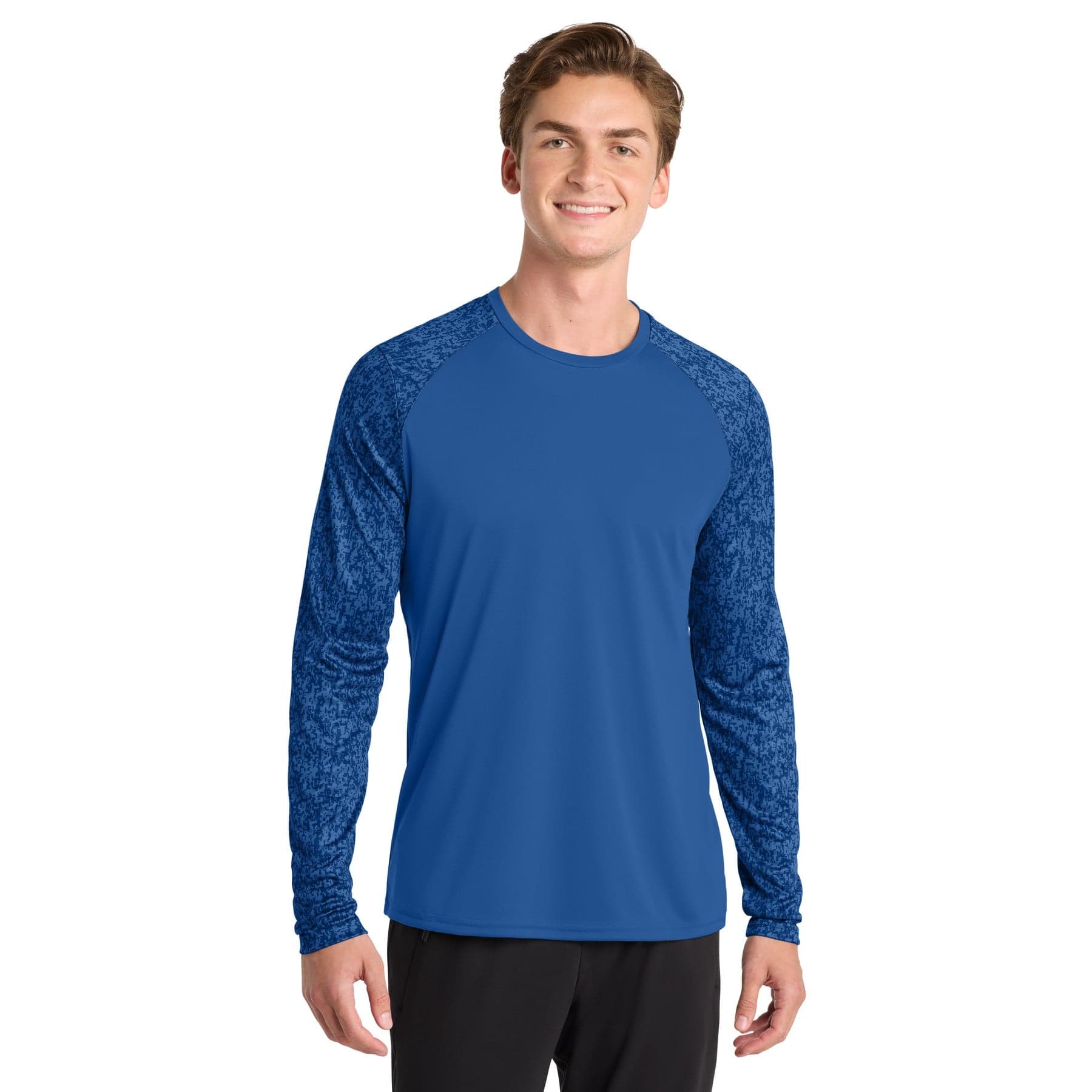 Plain true royal long sleeve digi camo tee, front view