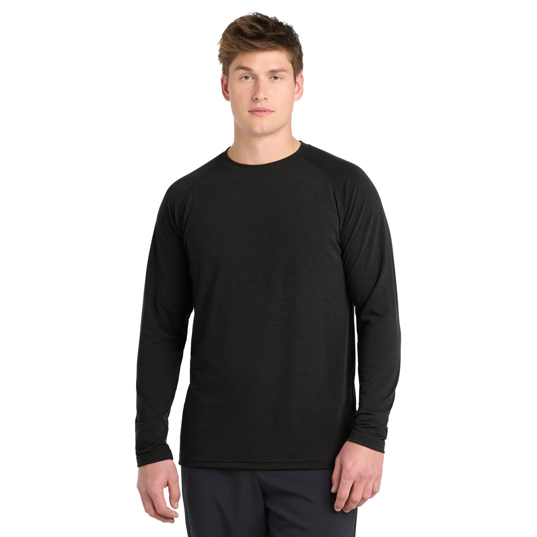 Plain black long sleeve ultimate performance crew, front view