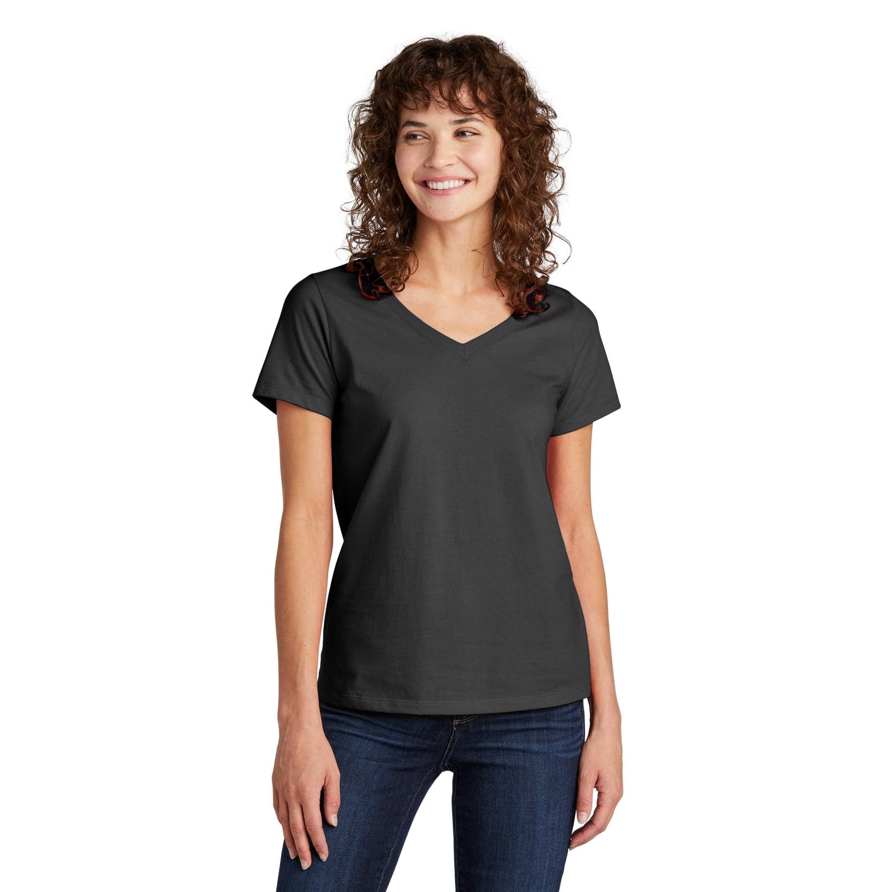 Plain dark heather grey women's daily v-neck tee, front view