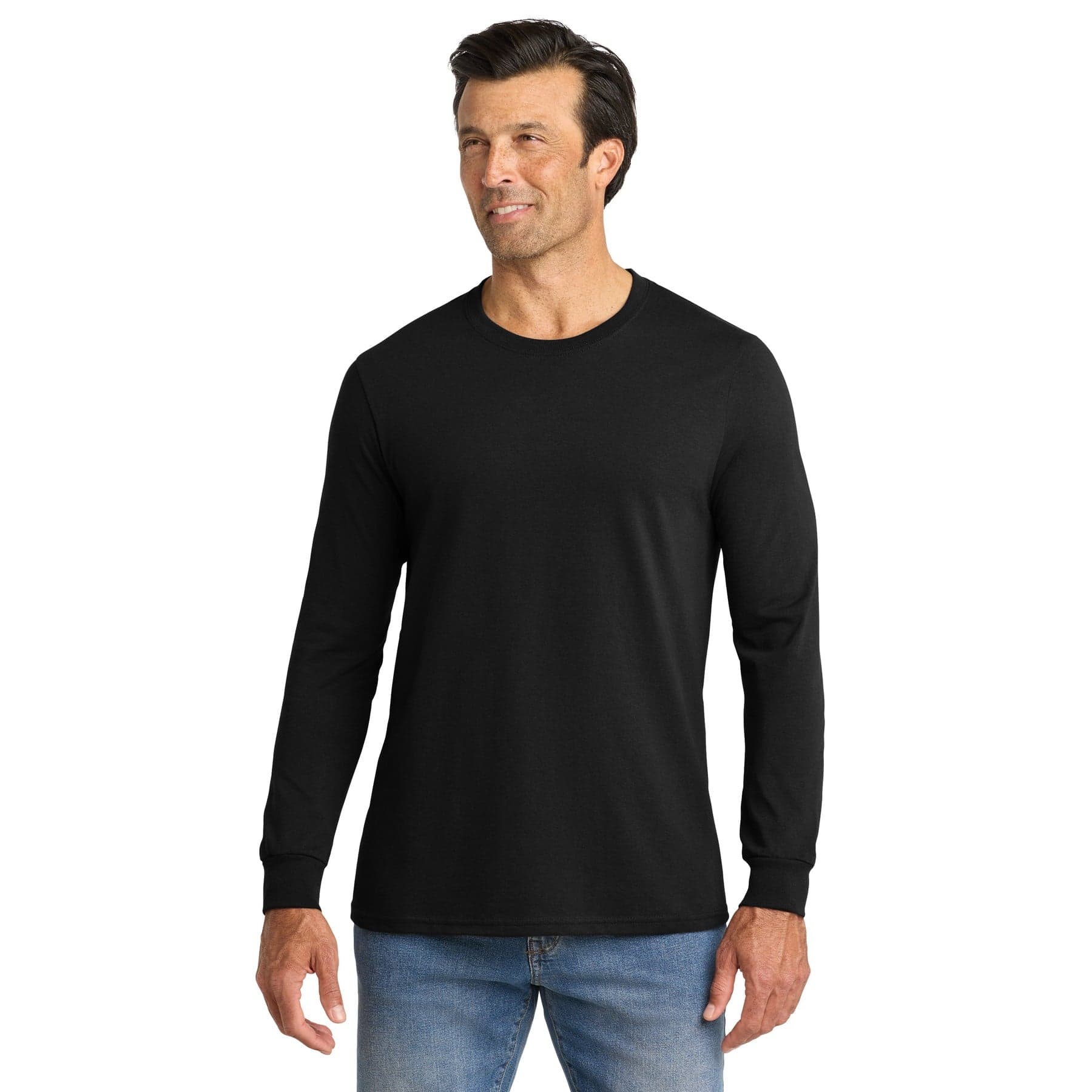Plain deep black all-american long sleeve tee, front view
