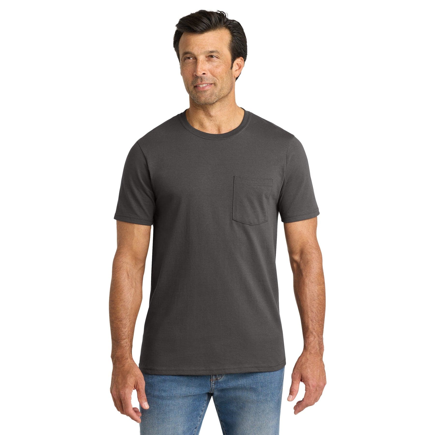 Plain grey steel all-american pocket tee, front view