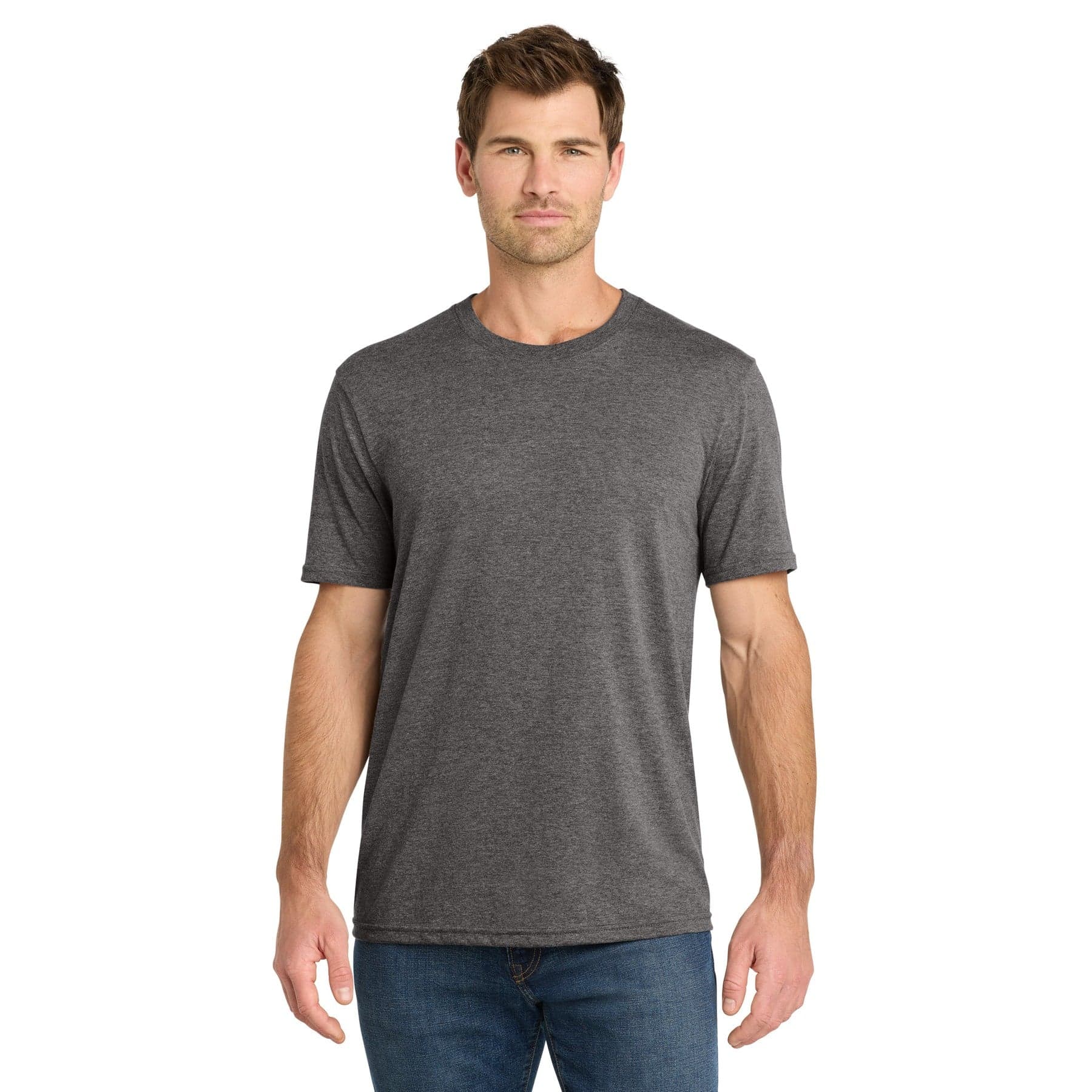 Plain heather grey steel tri tee, front view