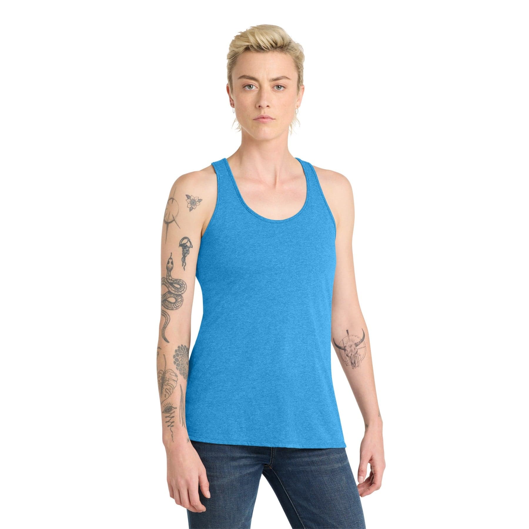 Plain heathered bright turquoise women's v.i.t. racerback tank, front view