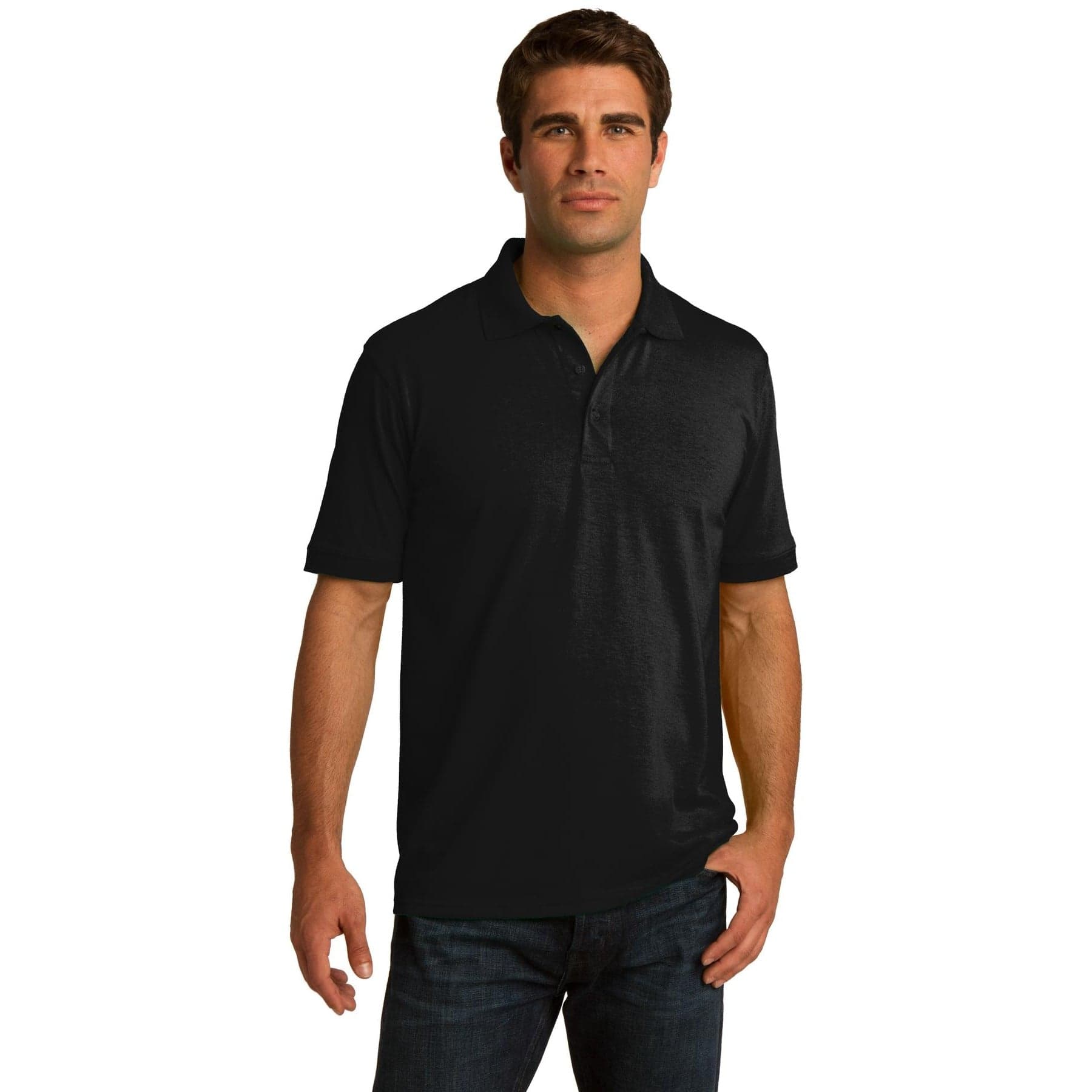 Plain jet black tall core blend jersey knit polo, front view