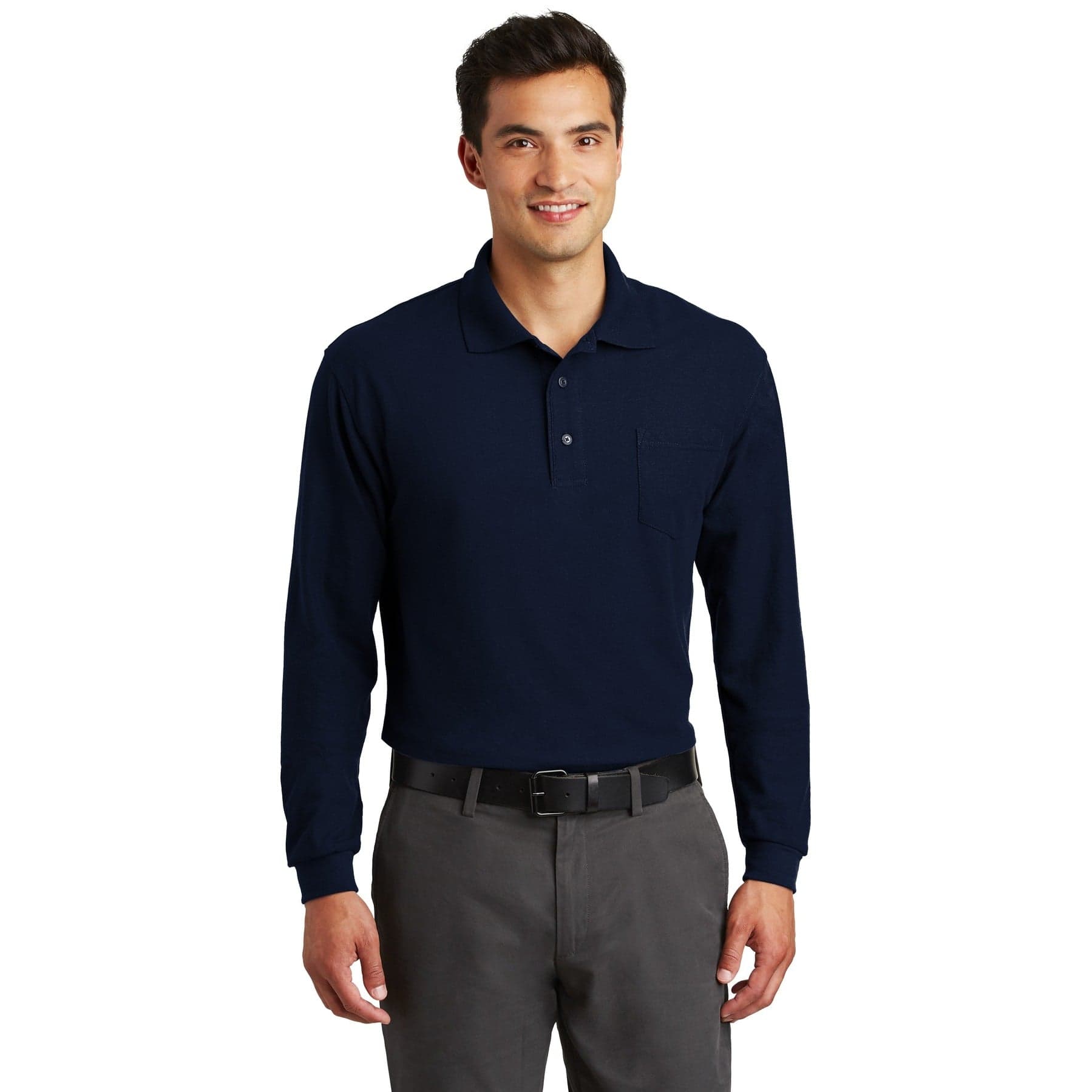Long Sleeve Silk Touch Polo with Pocket — Navy — product photo