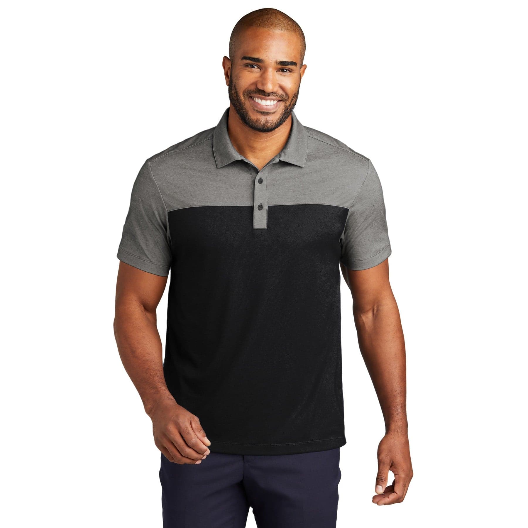 Plain deep black/ charcoal heather fine pique blend blocked polo, front view