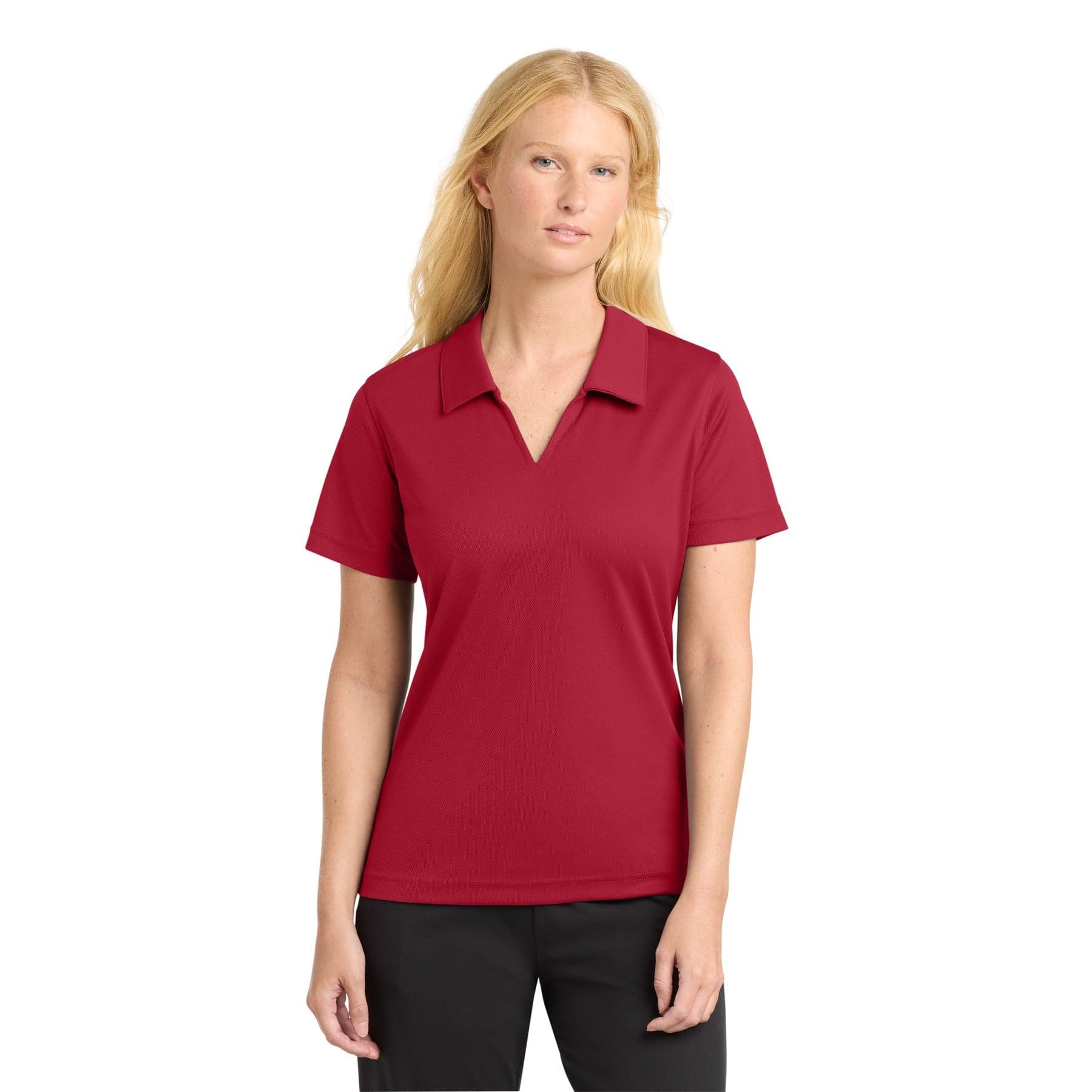 Plain red women's dri-mesh v-neck polo, front view