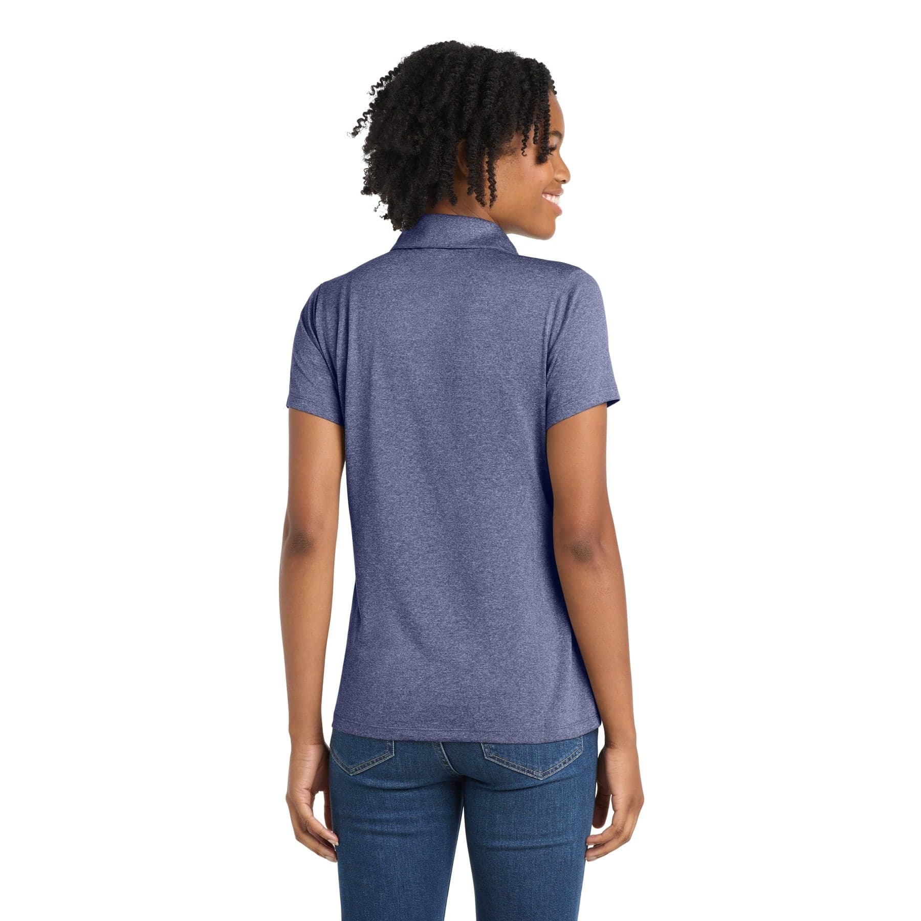 Plain true navy heather women's heather contender polo, front view