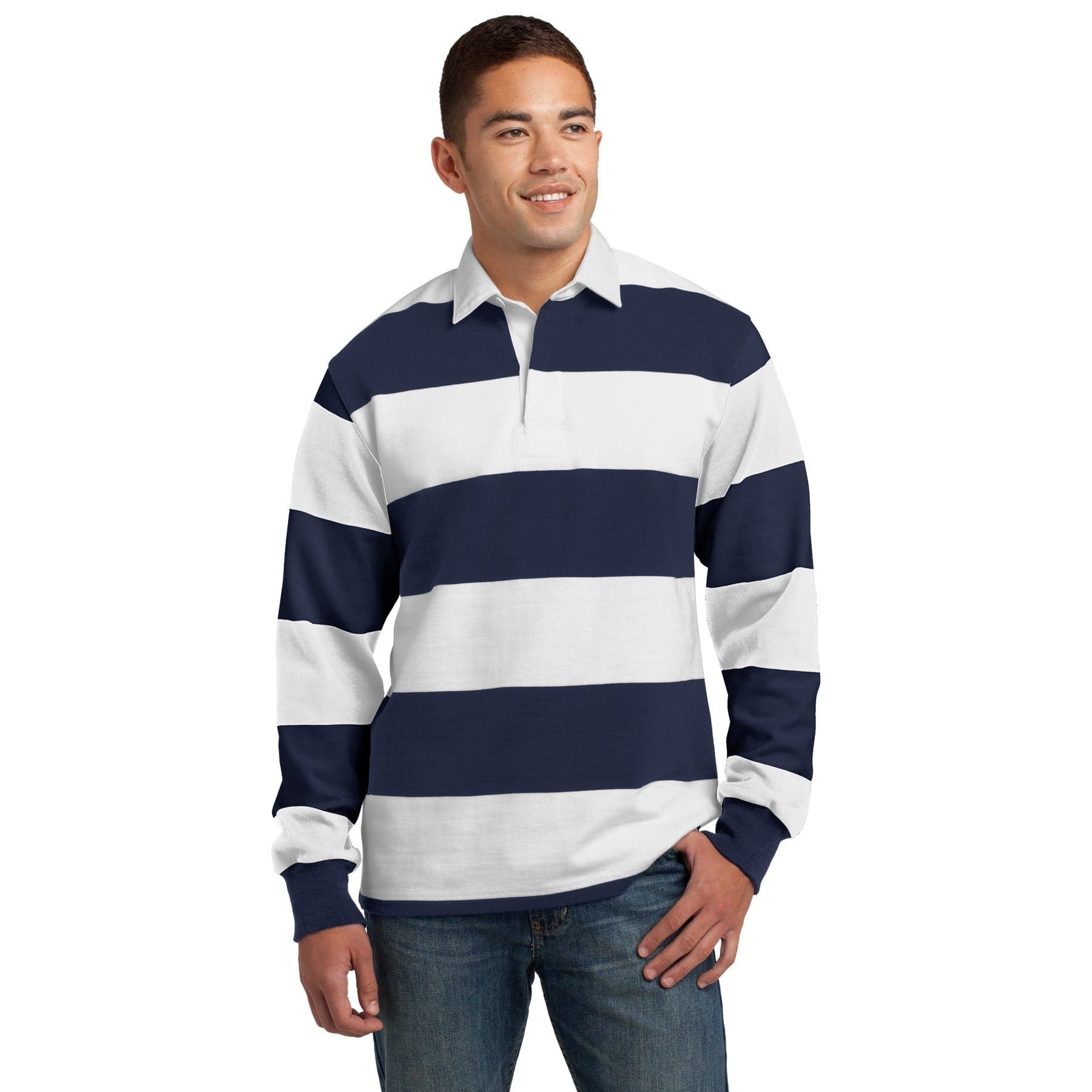 Plain true navy/ white classic long sleeve rugby polo, front view