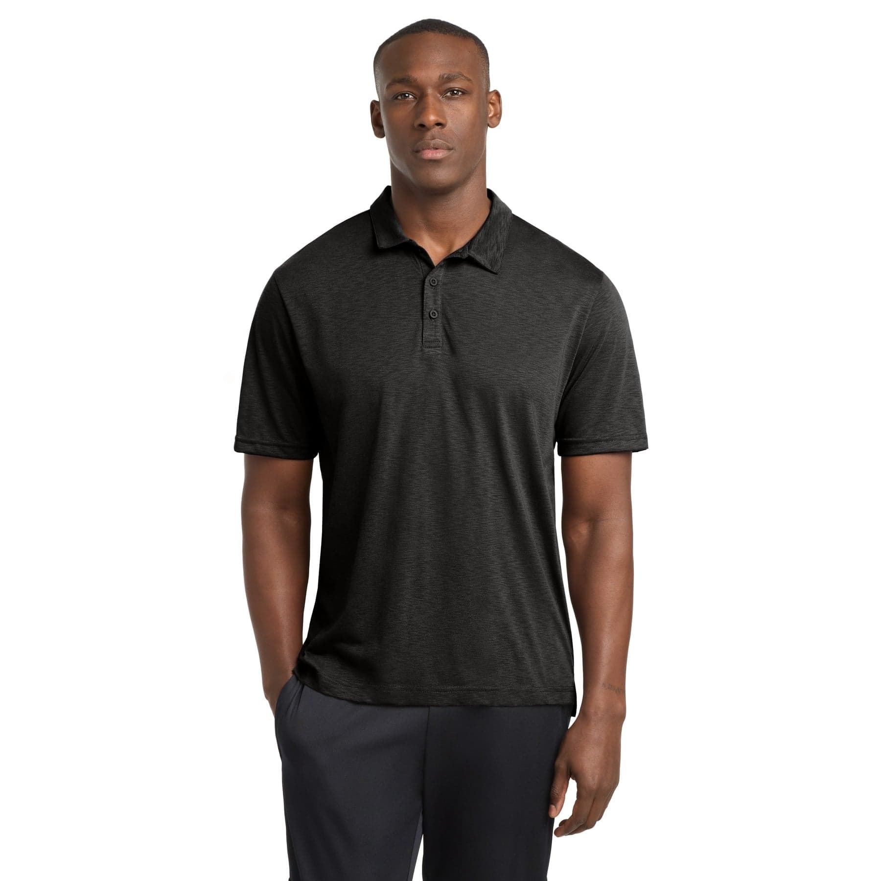 Plain graphite posicharge strive polo, front view