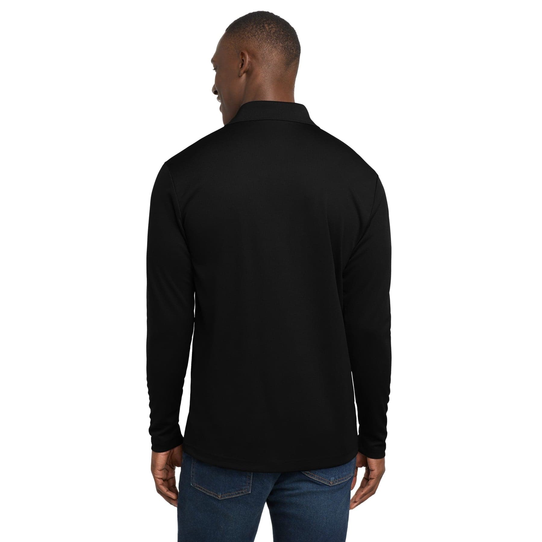 Plain black posicharge racermesh long sleeve polo, front view