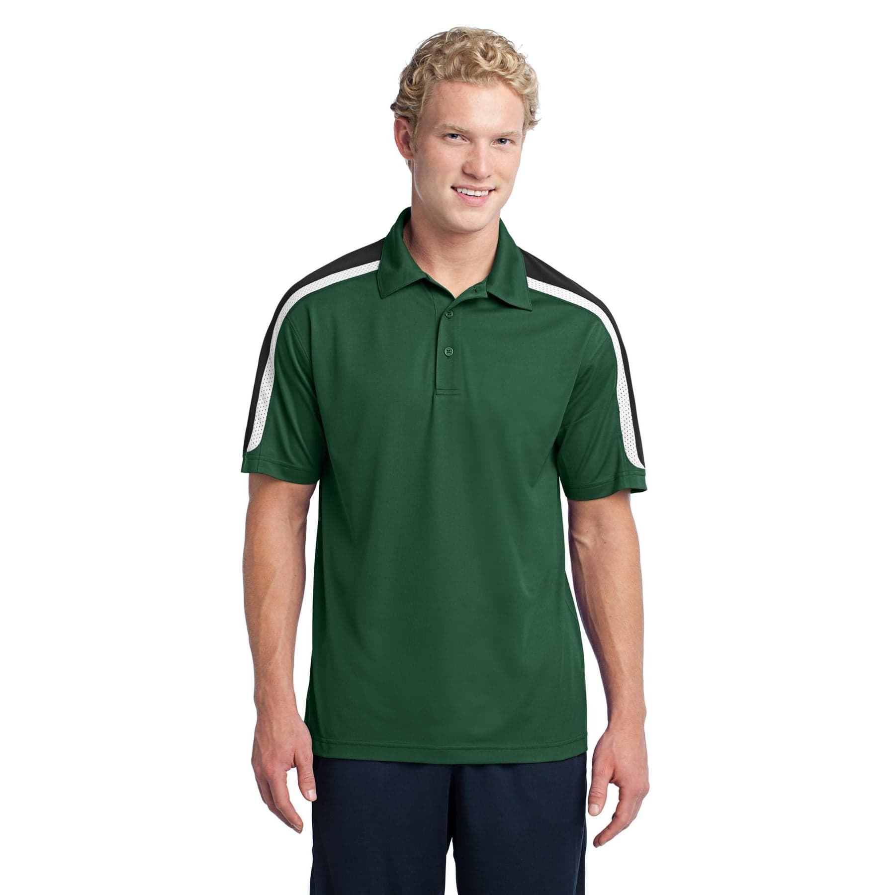 Plain forest green/ black/ white tricolor shoulder micropique sport-wick polo, front view