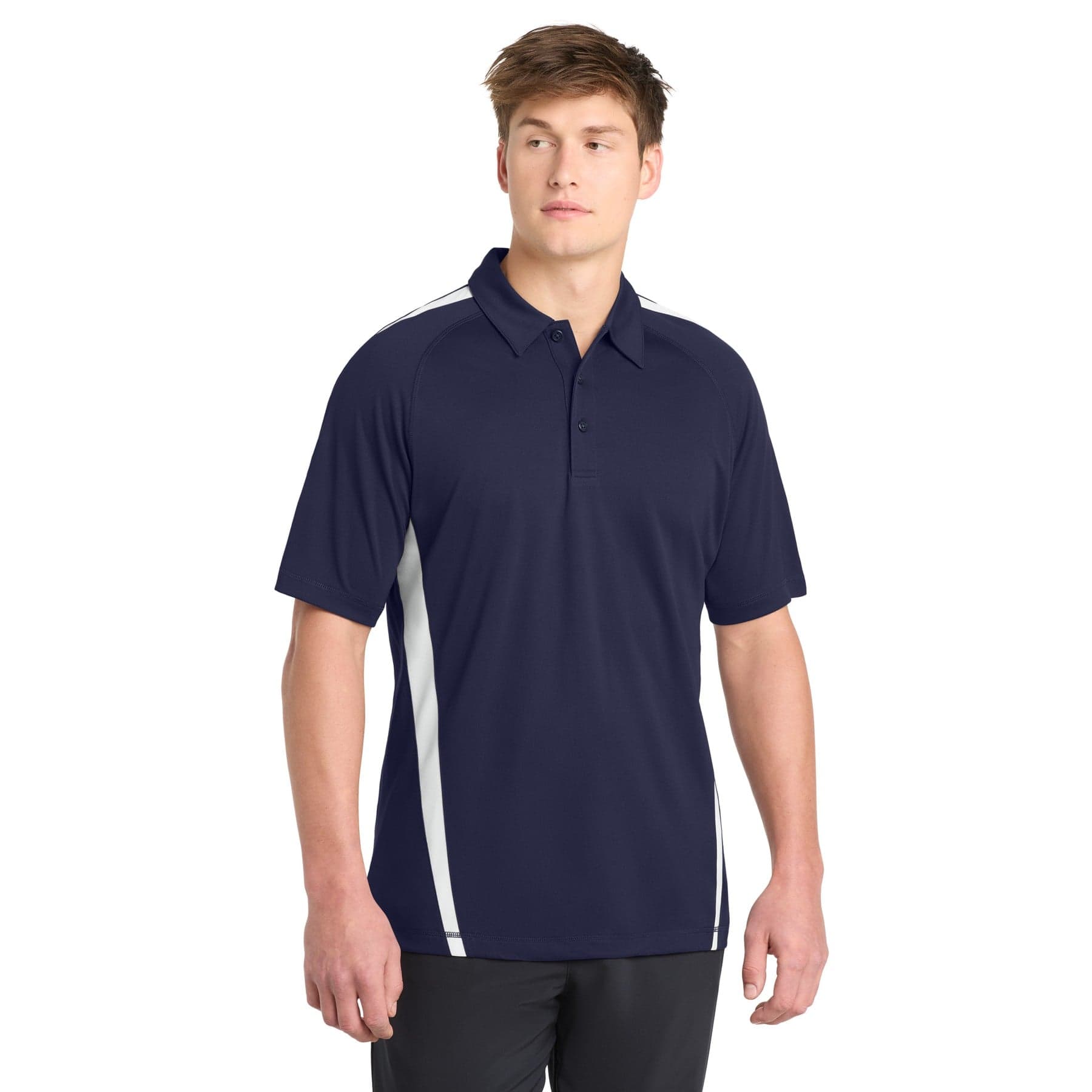 Plain true navy/ white posicharge micro-mesh colorblock polo, front view