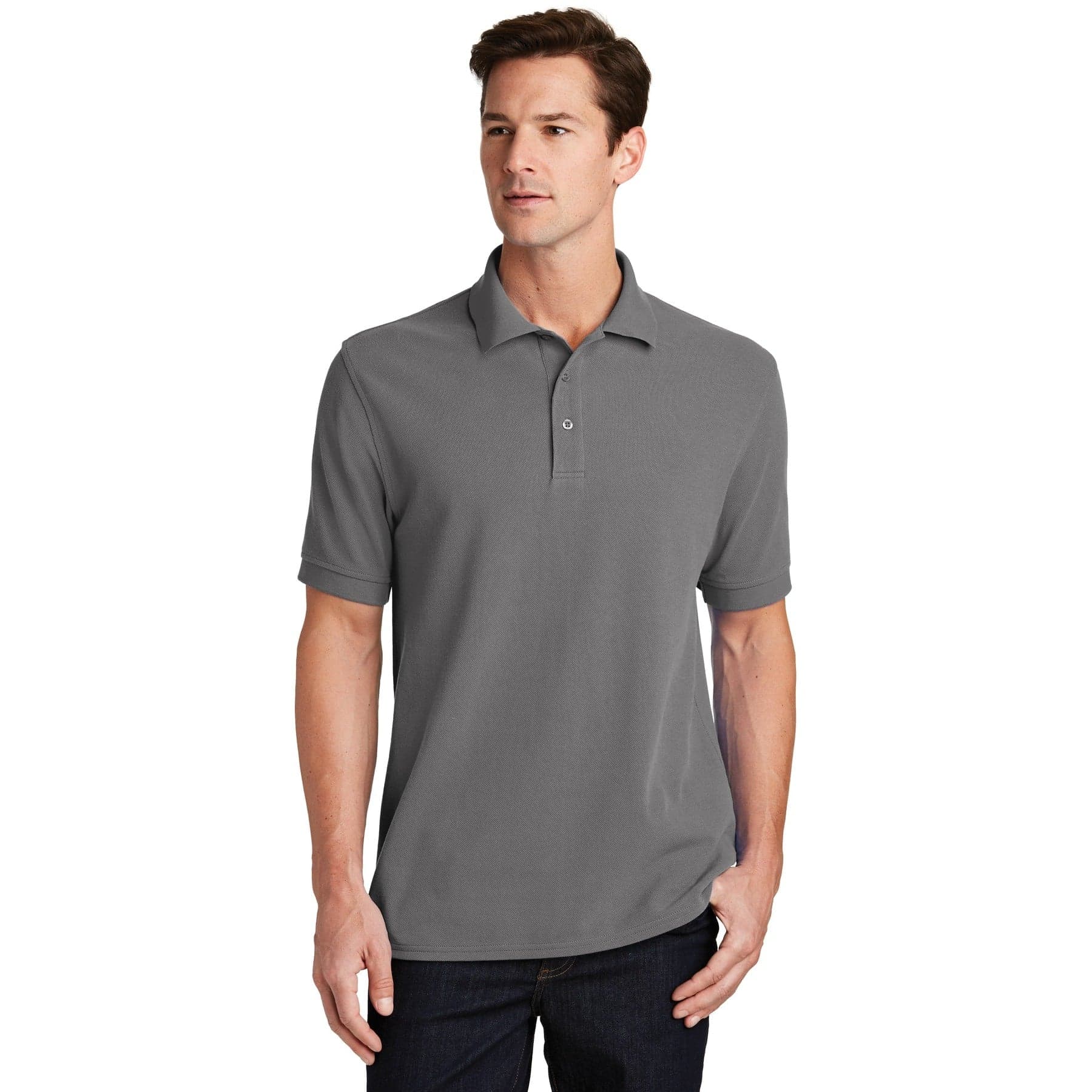 Plain charcoal combed ring spun pique polo, front view