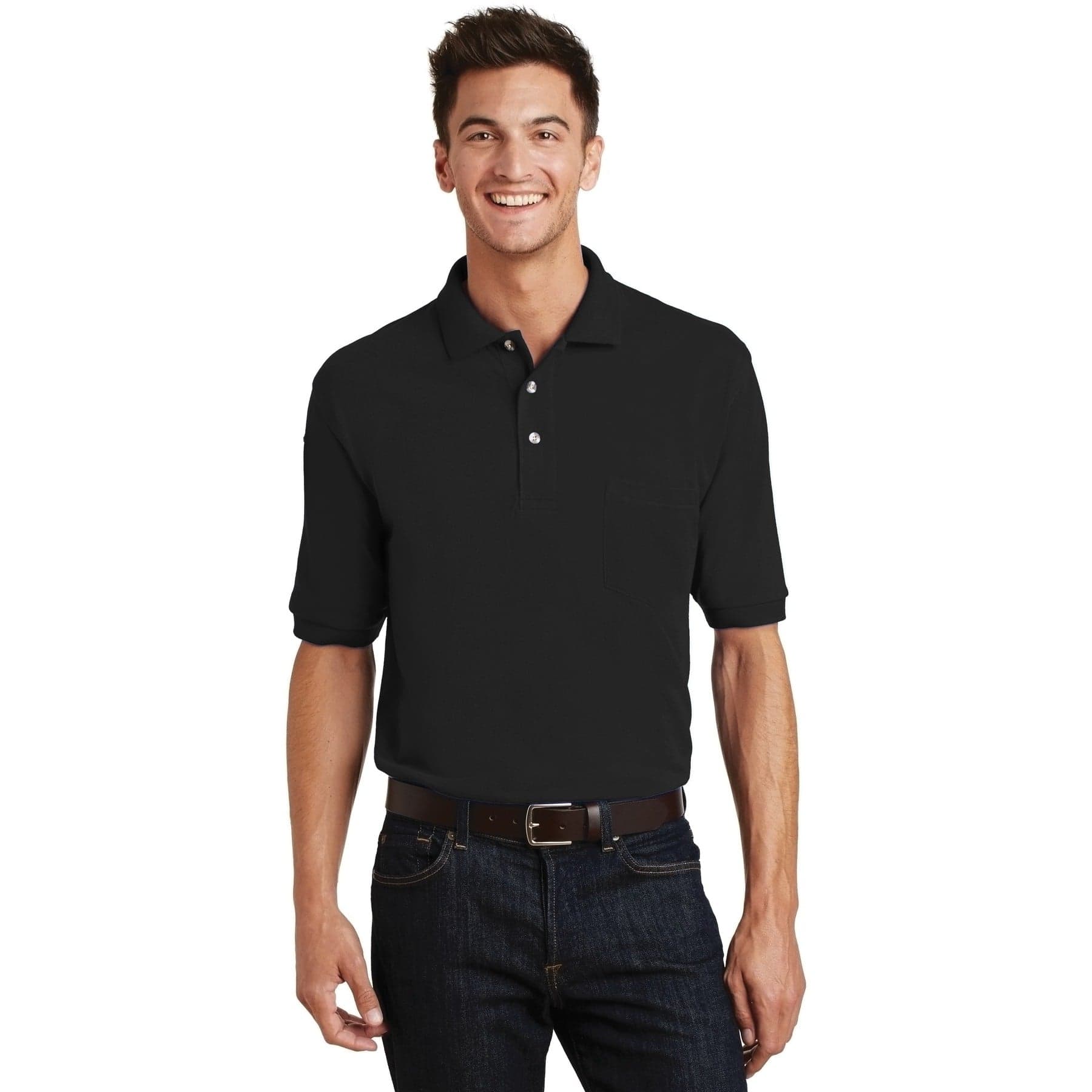 Plain black heavyweight cotton pique polo with pocket, front view