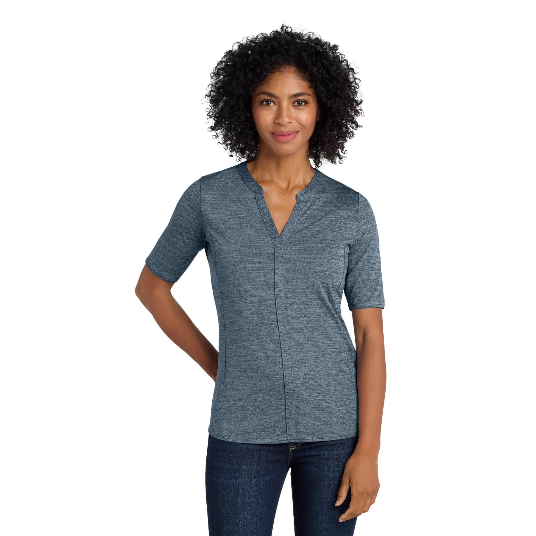 Plain regatta blue/ gusty grey women's stretch heather open neck top, front view