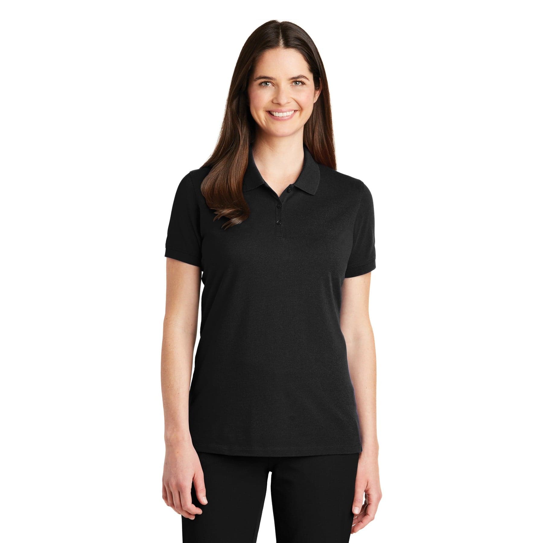 Plain black women's ezcotton polo, front view