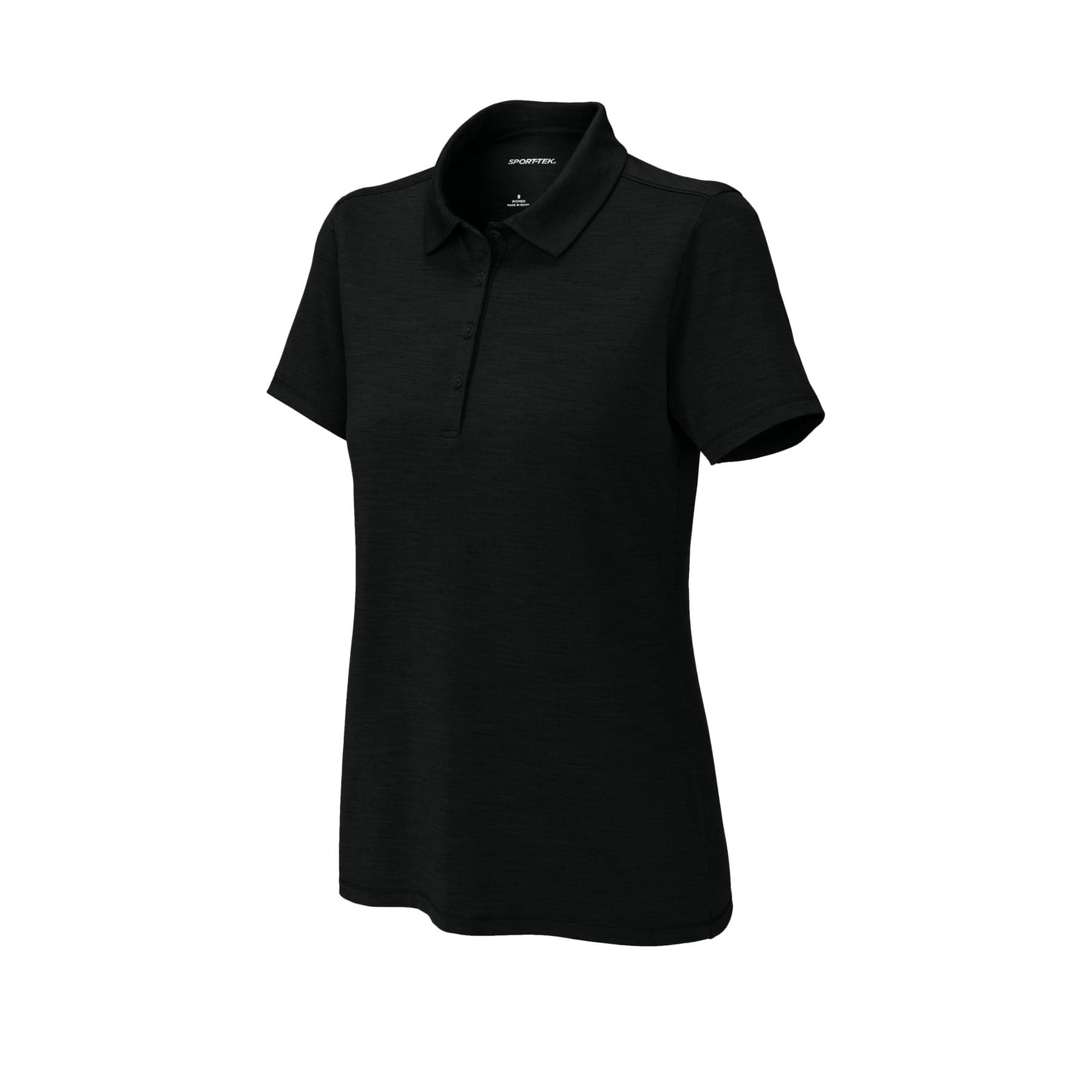 Plain black women's versa polo, front view