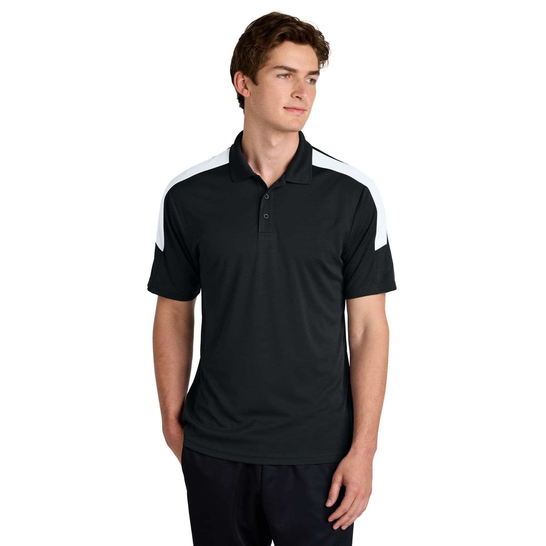 Plain black/ deep red competitor united polo, front view