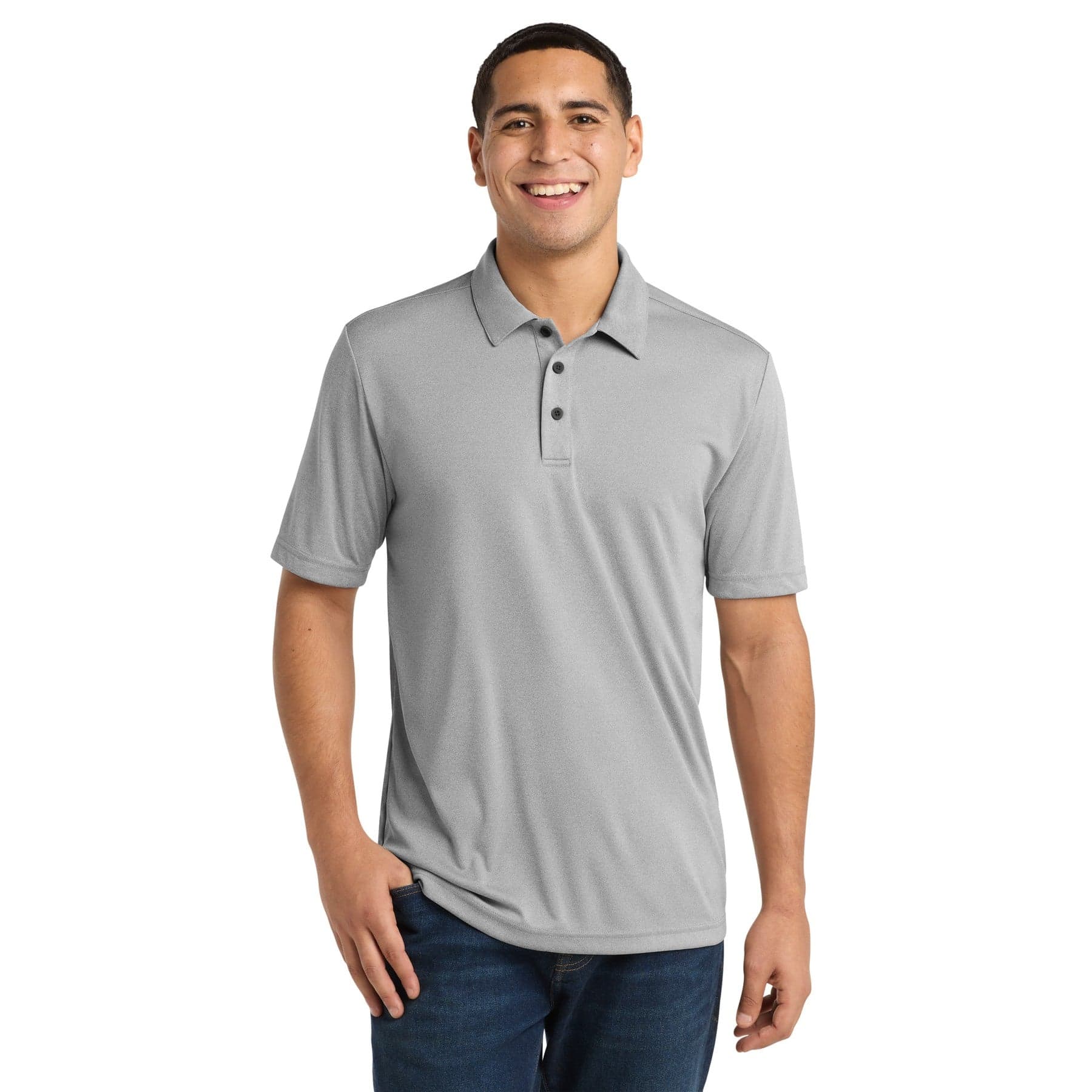 Plain light grey heather endeavor polo, front view