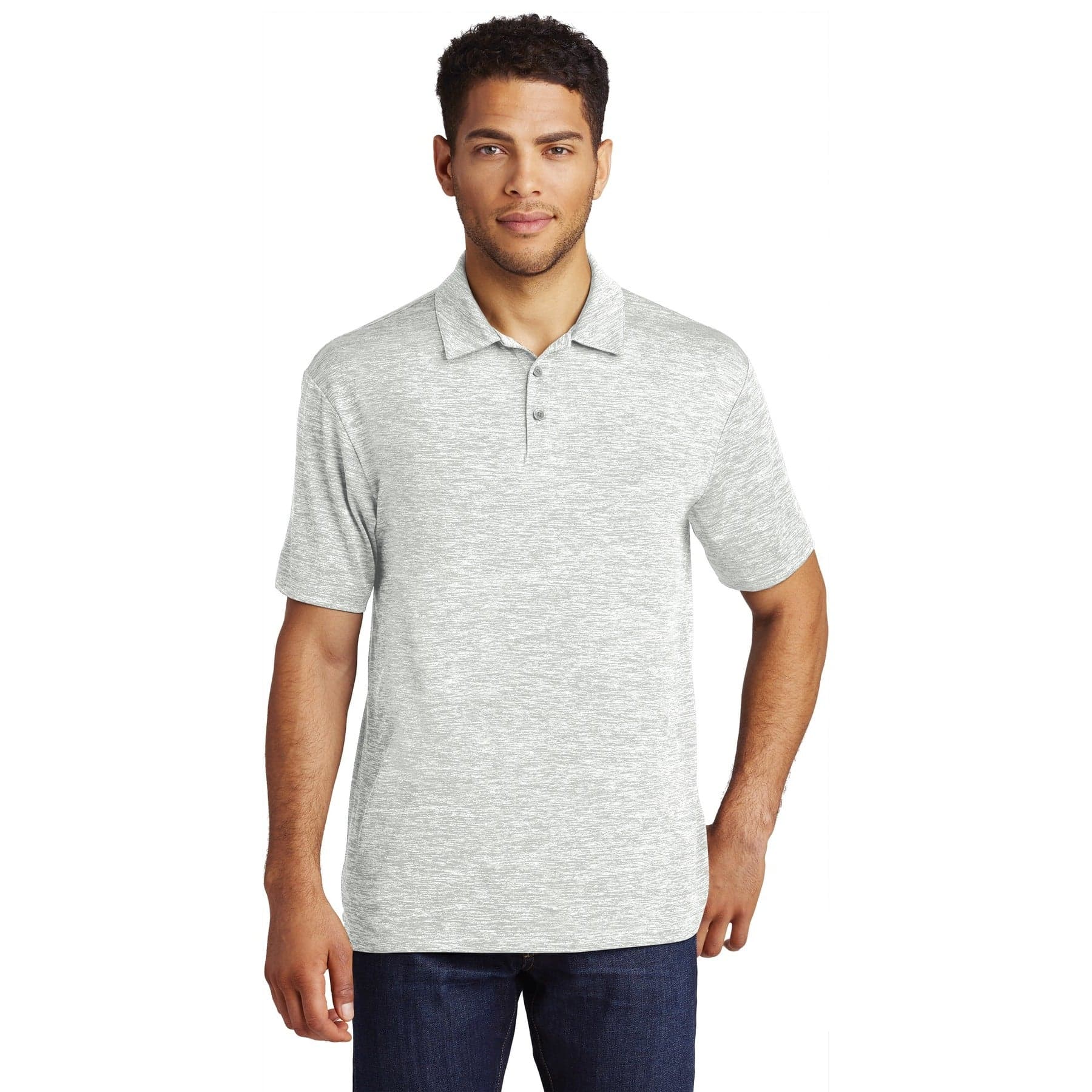 Plain black electric posicharge electric heather polo, front view