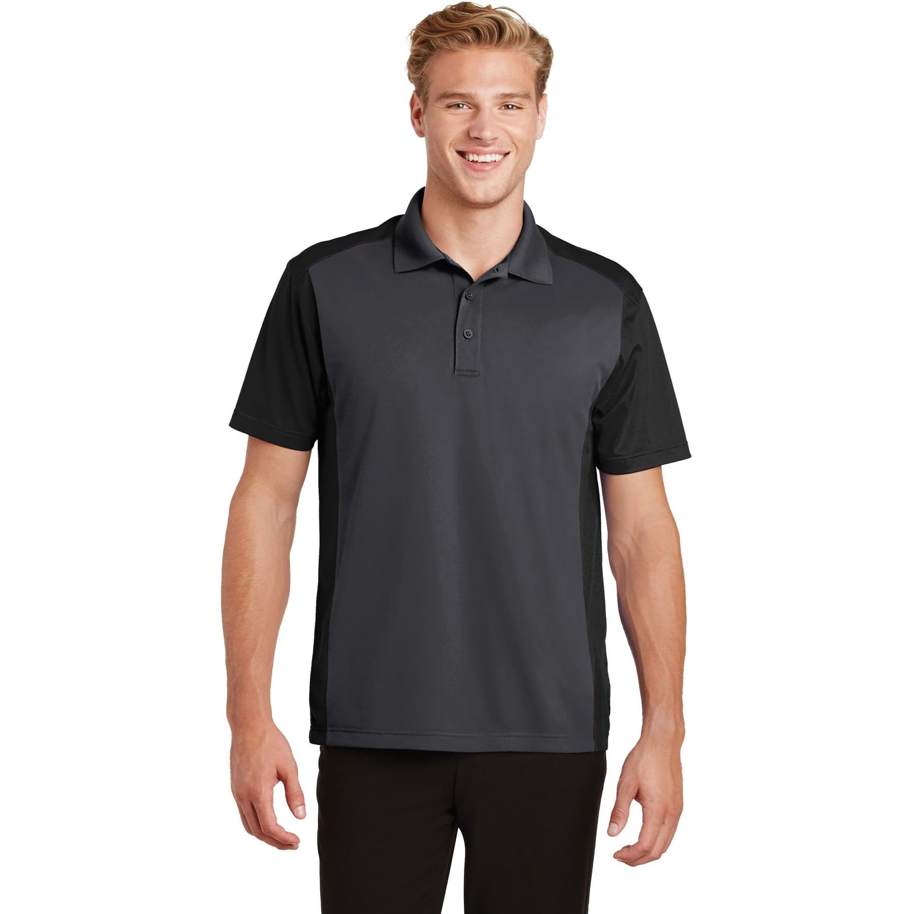 Plain iron grey/ black colorblock micropique sport-wick polo, front view