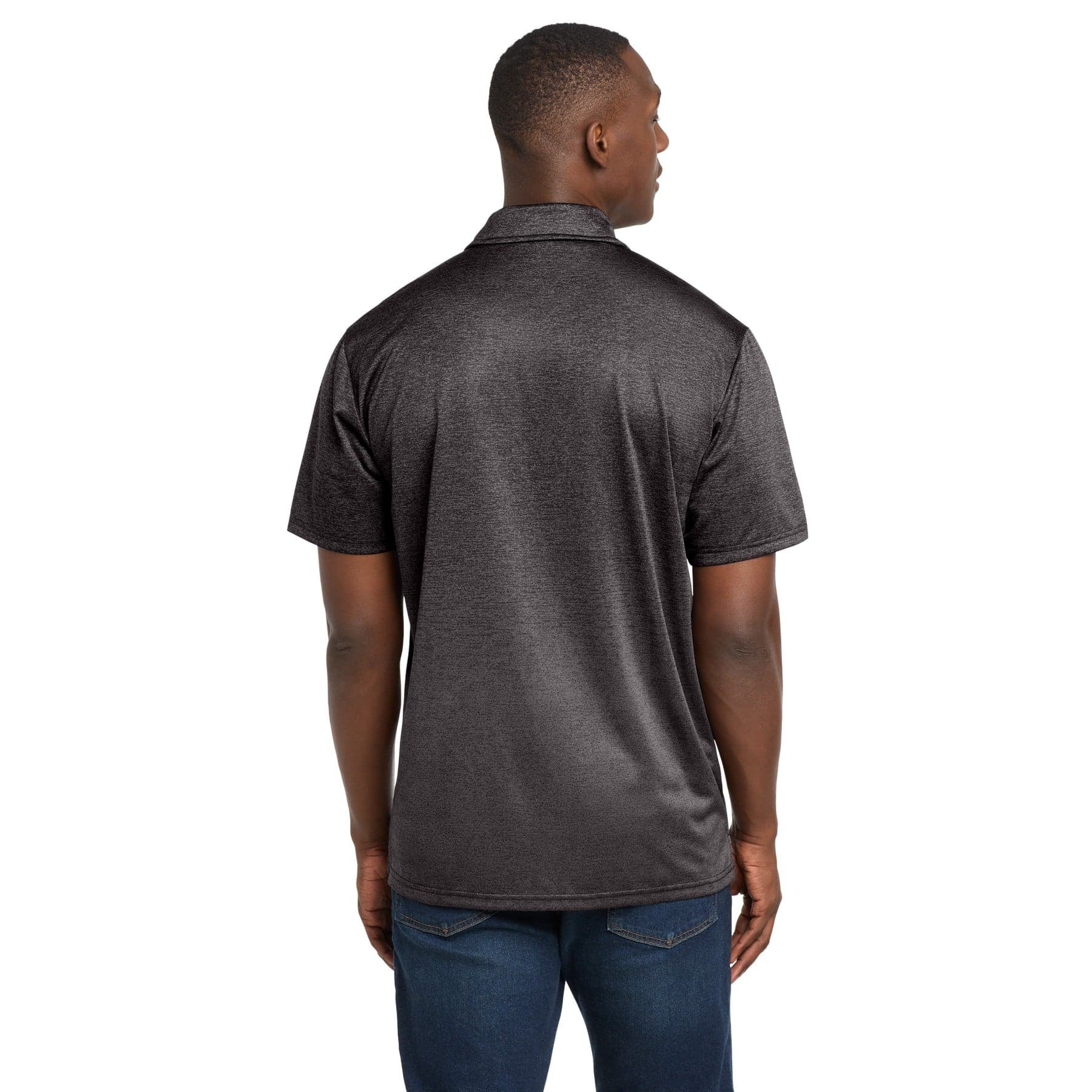 Plain iron grey/ black ombre heather polo, front view