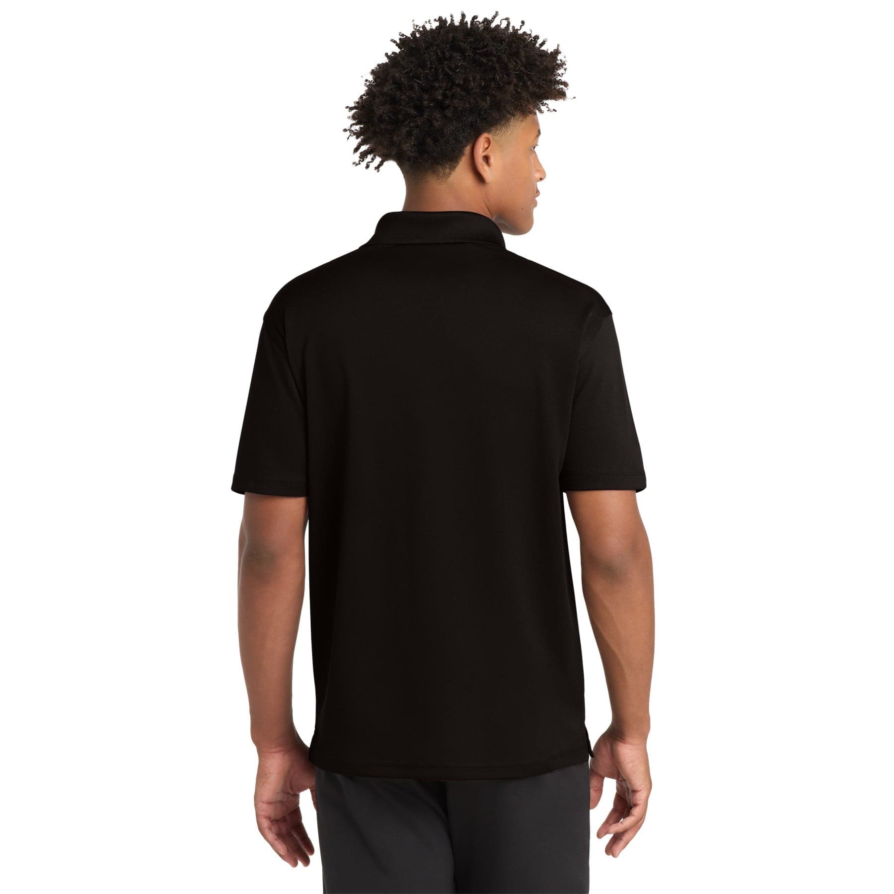 Plain black posicharge micro-mesh polo, front view
