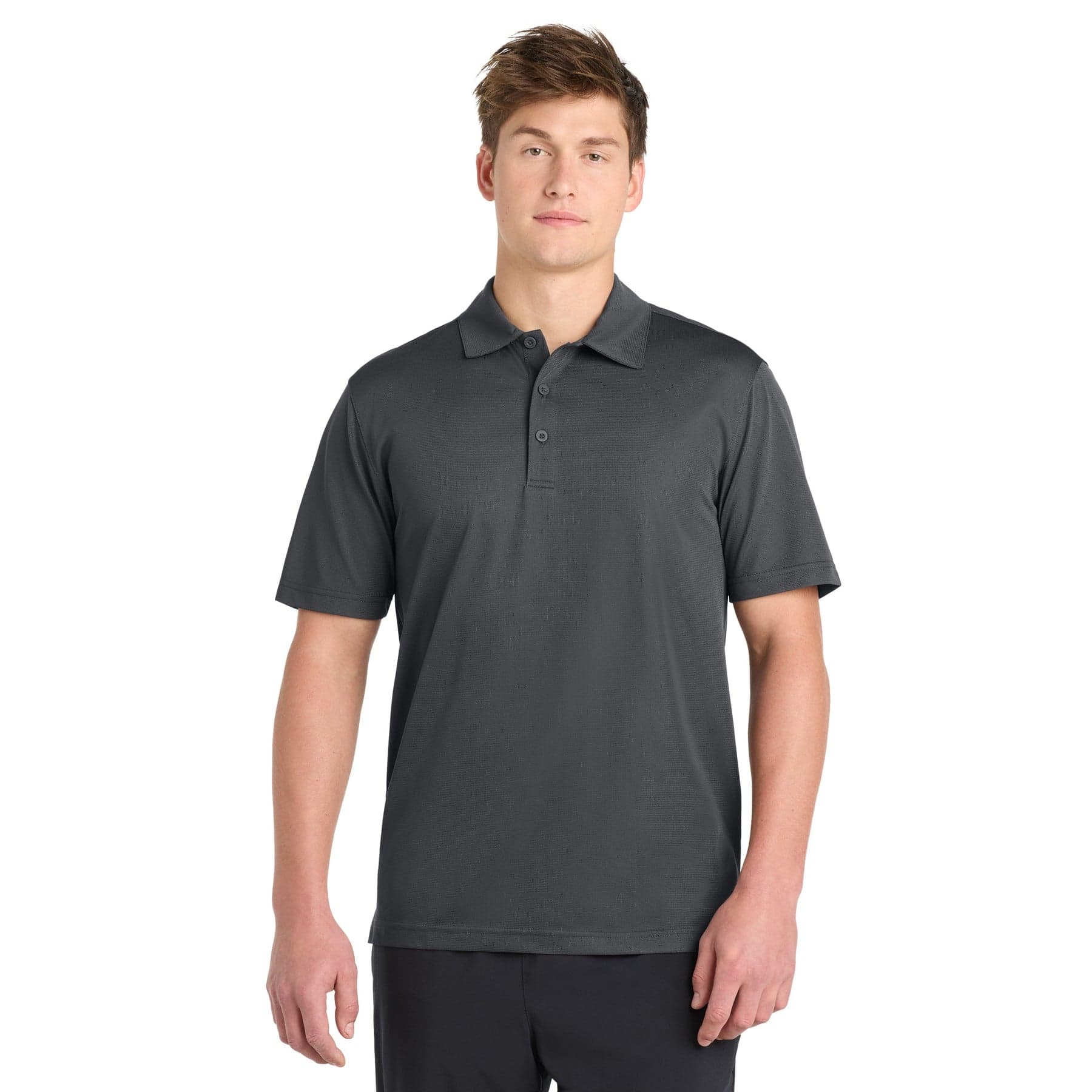 Plain iron grey posicharge active textured polo, front view