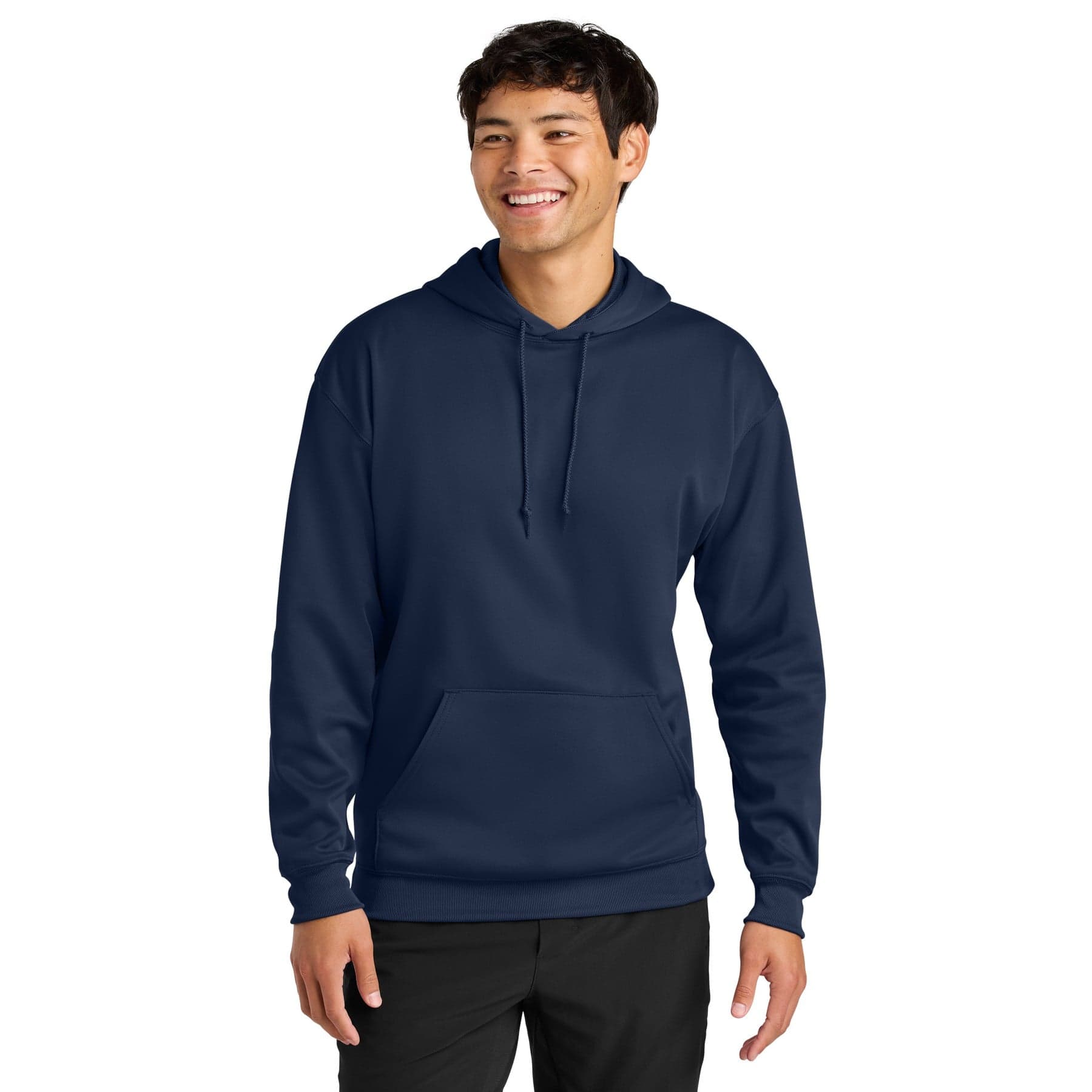 Plain navy sprint tech fleece hoodie, front view