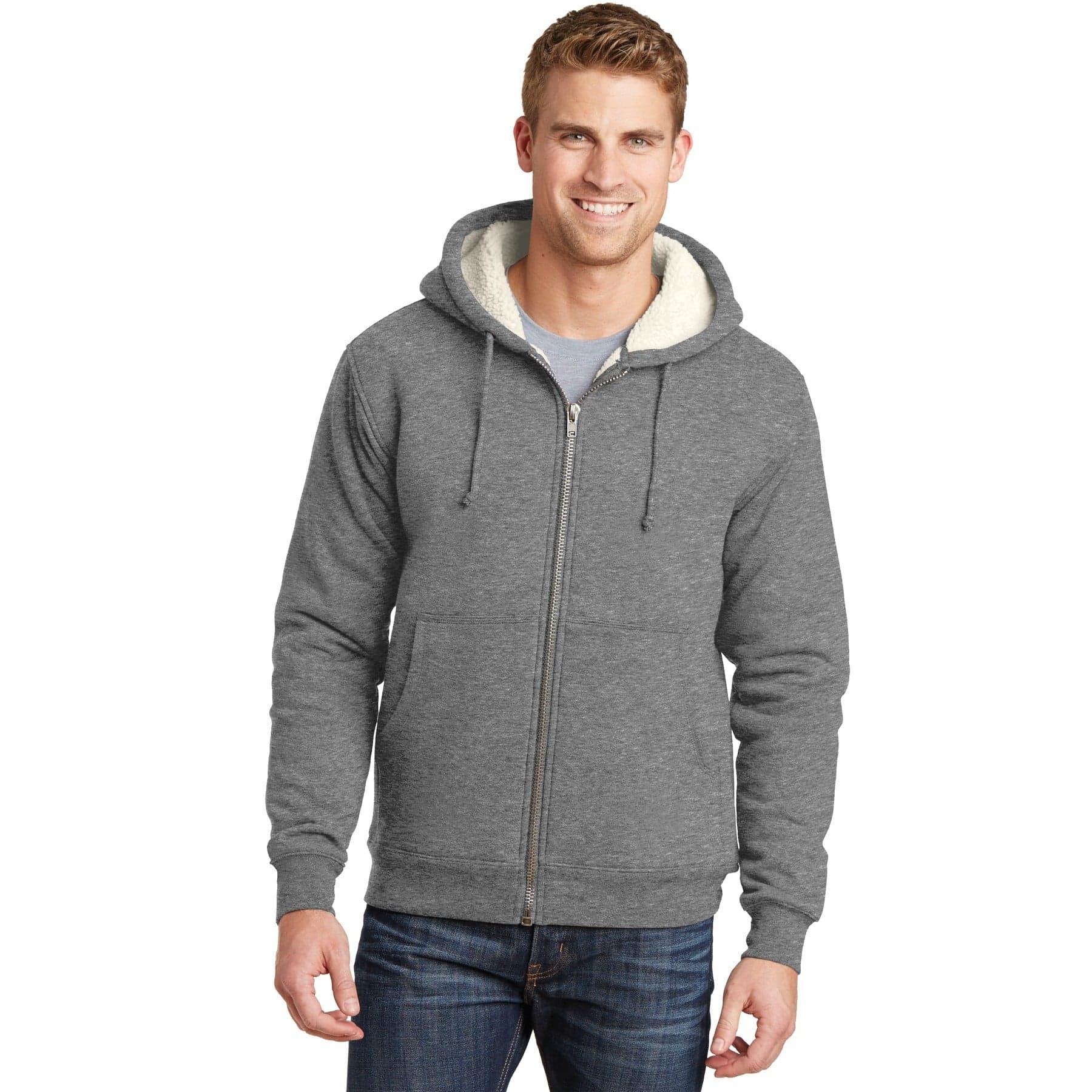 Plain grey heavyweight sherpa-lined hooded fleece jacket, front view