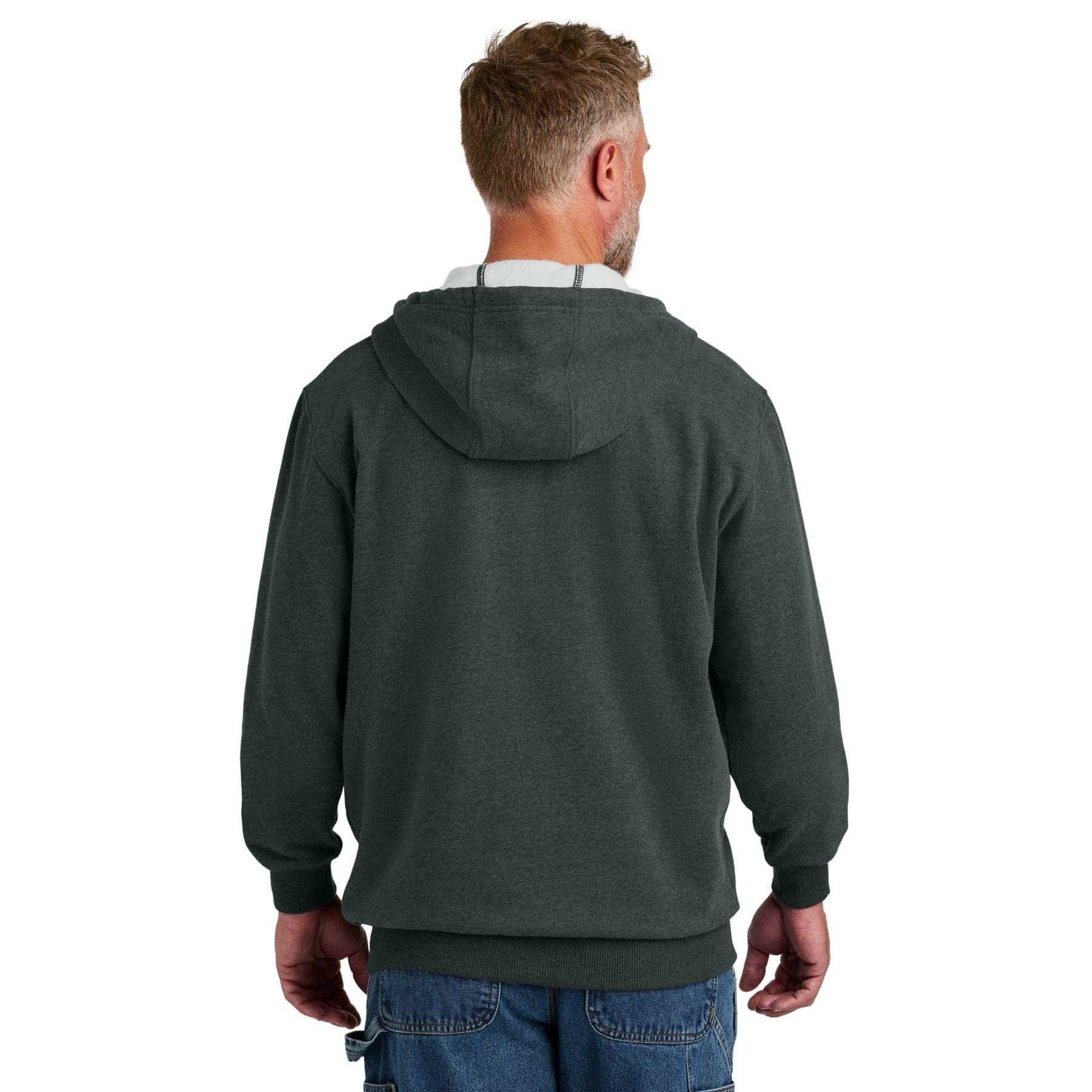 Plain charcoal heather tough fleece full-zip hoodie, front view